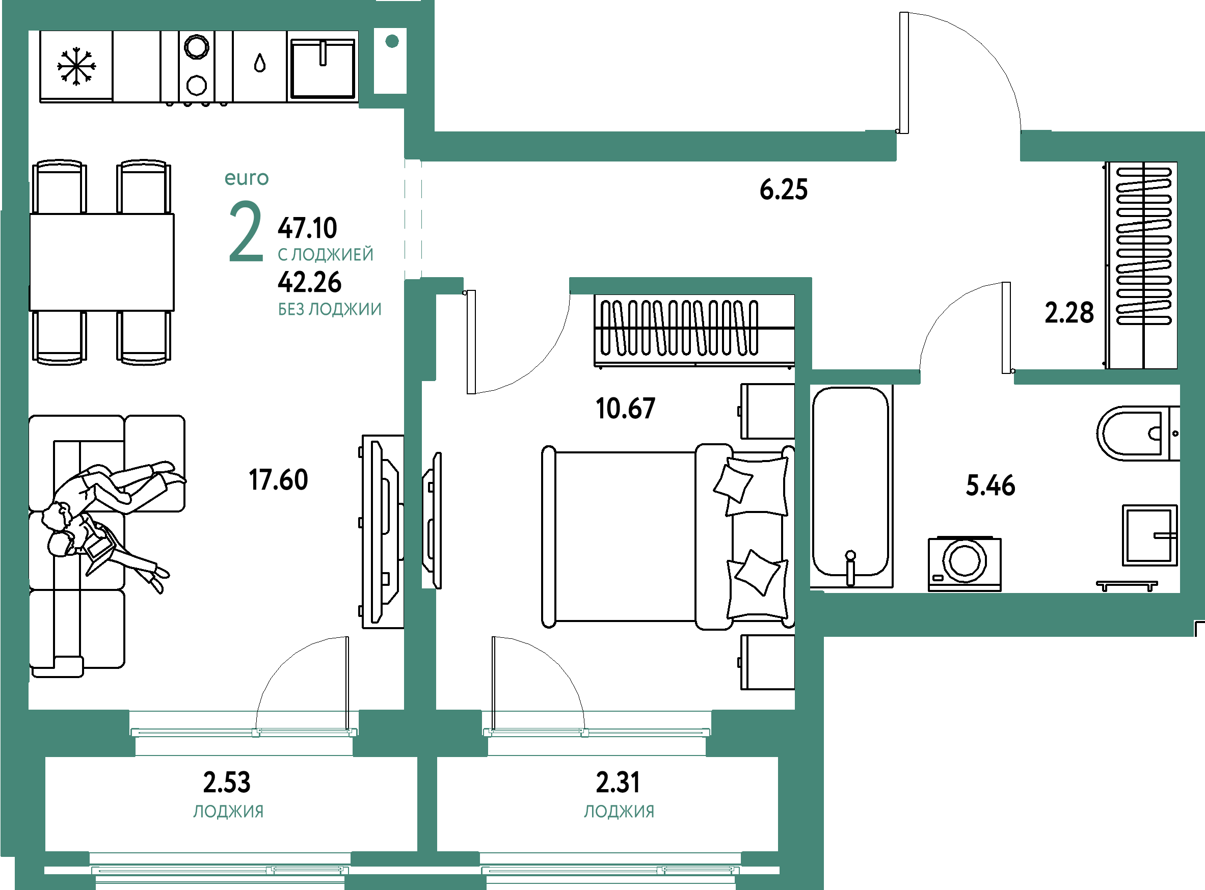 Купить 2-комнатную квартиру 47.1м², этаж №9 кв №277 в ЖК 