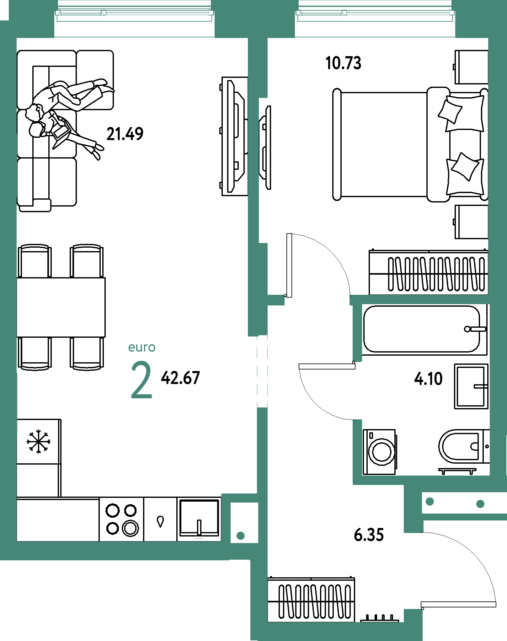 ЖК "Домашний"-2-комнатная 42.67 м²
