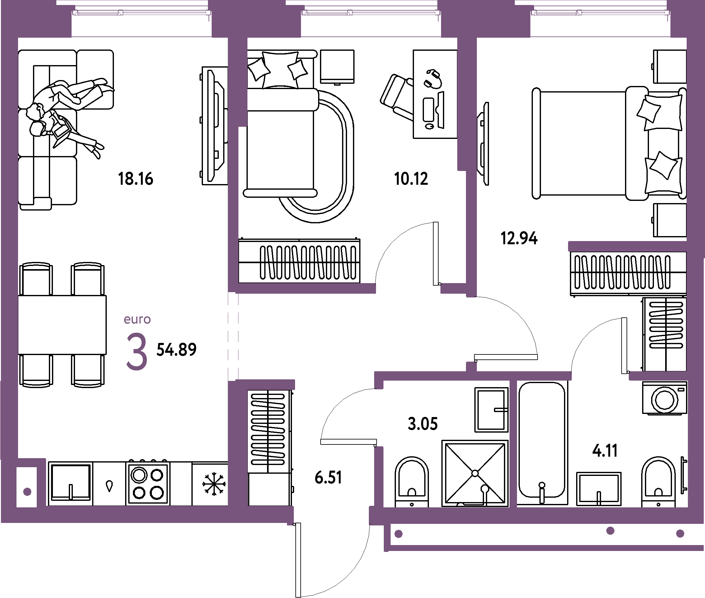 ЖК "Домашний"-3-комнатная 54.89 м²