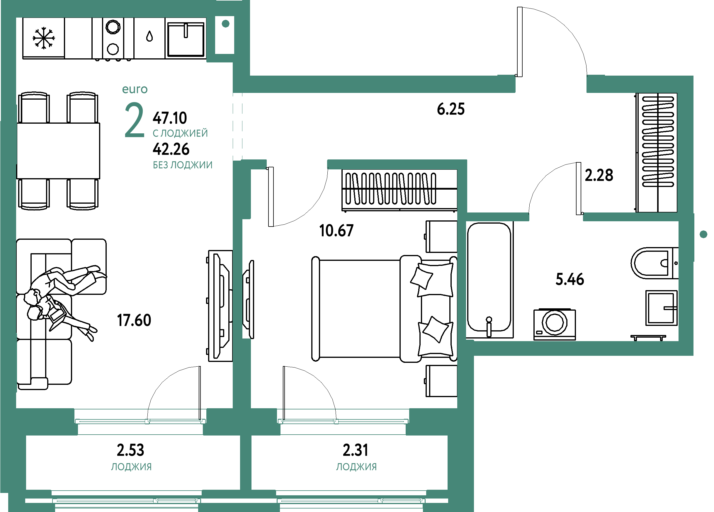 Купить 2-комнатную квартиру 47.1м², этаж №10 кв №287 в ЖК 