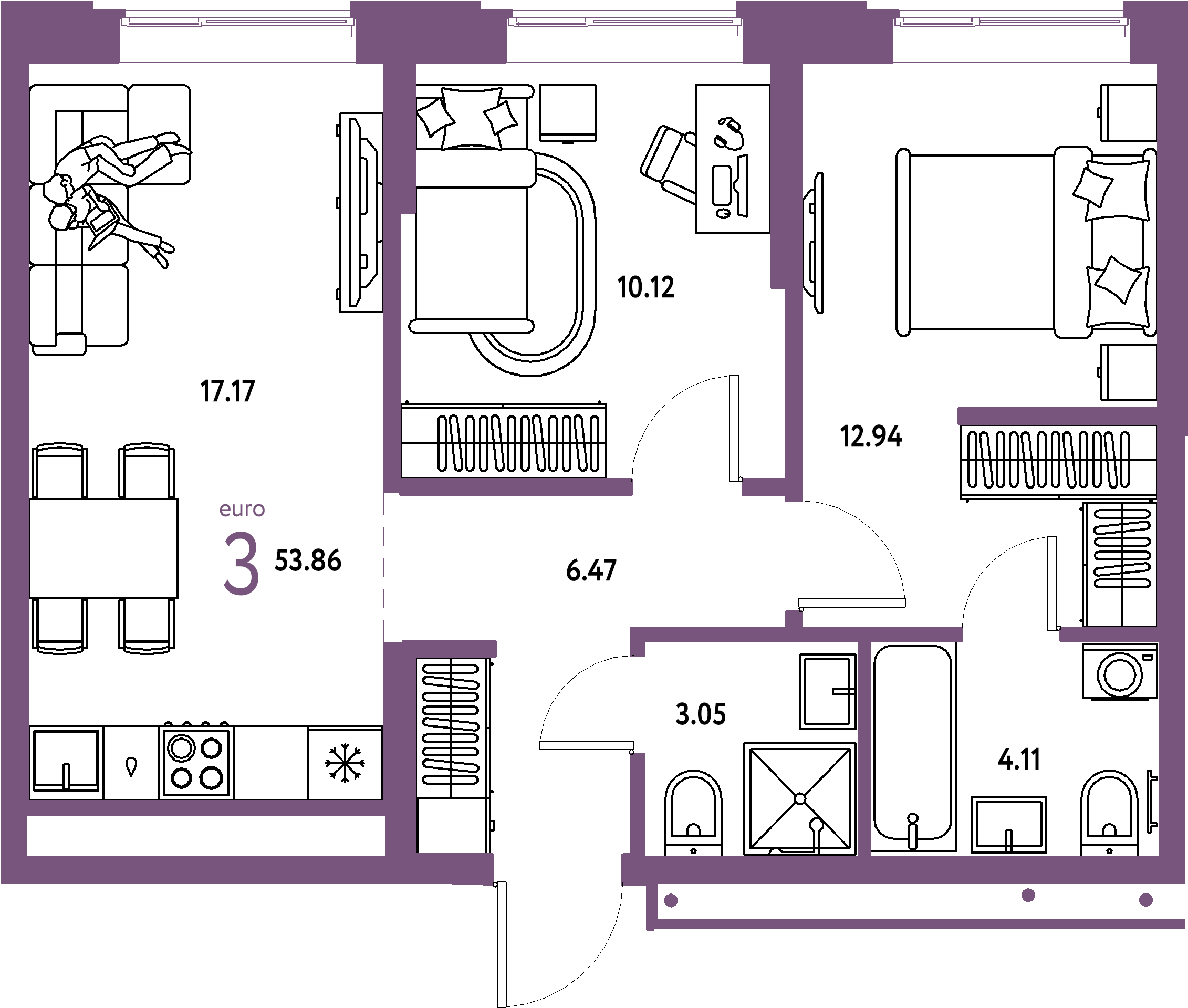 Купить 3-комнатную квартиру 53.86м², этаж №10 кв №289 в ЖК 