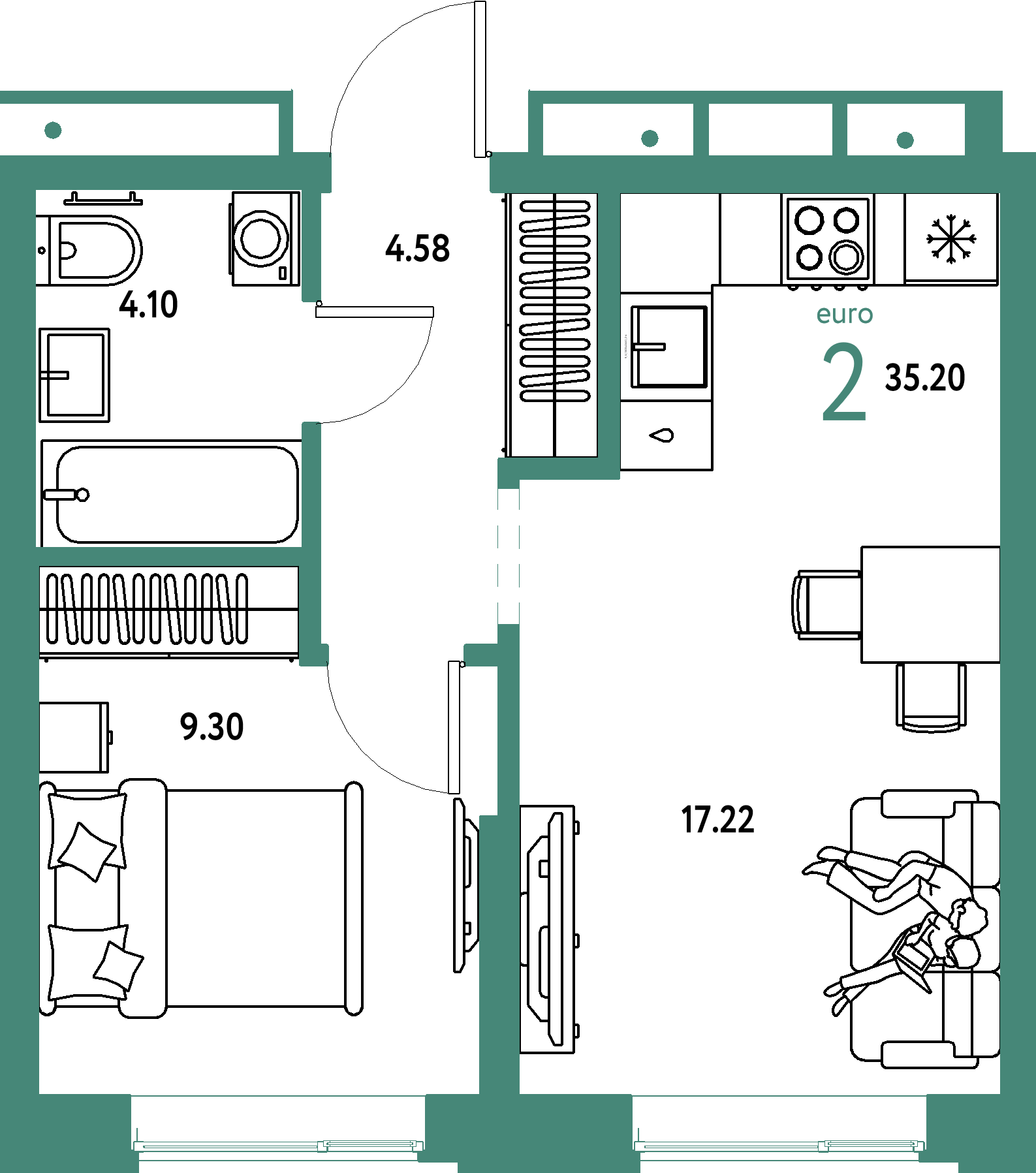 ЖК "Домашний"-2-комнатная 35.2 м²