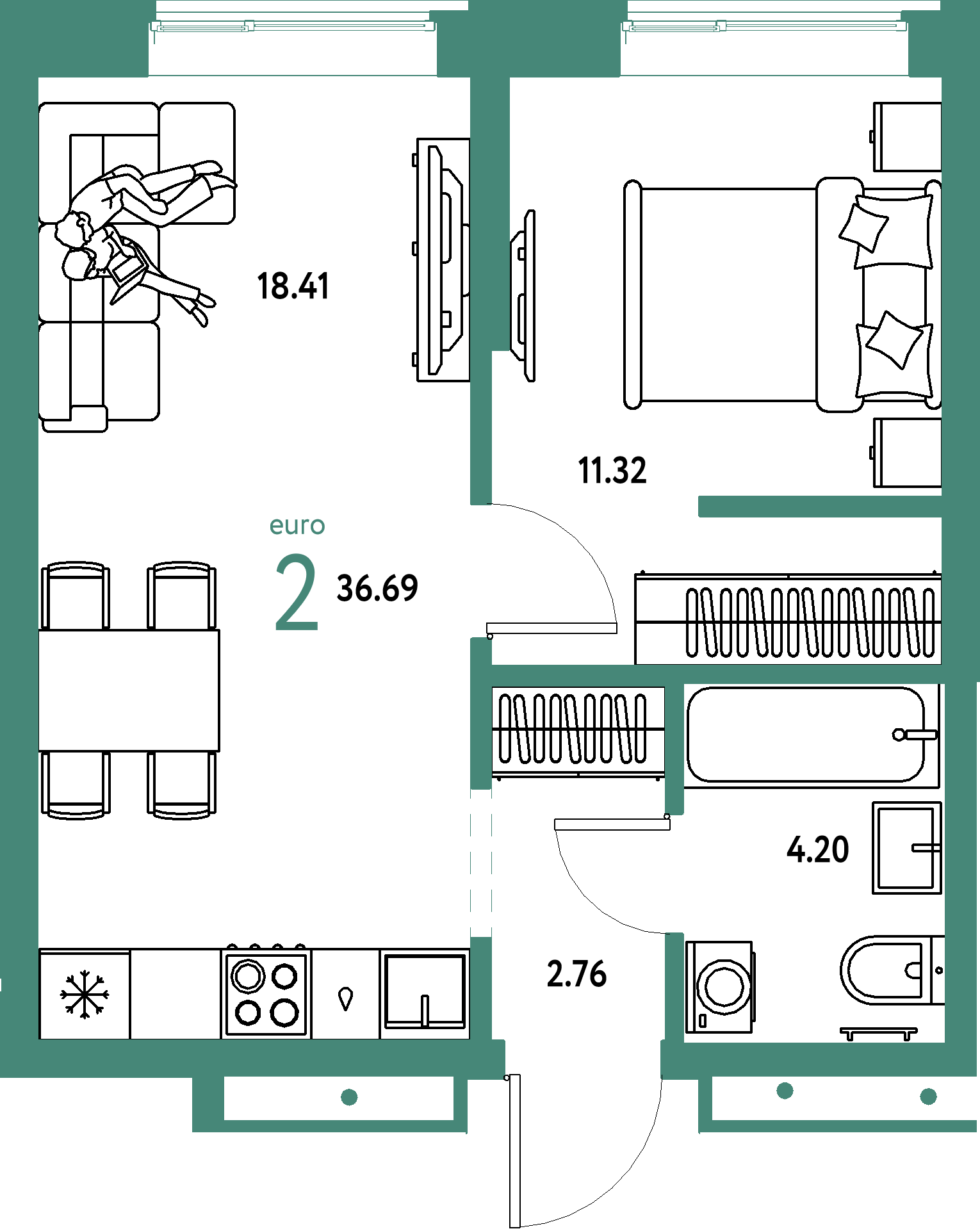ЖК "Домашний"-2-комнатная 36.69 м²