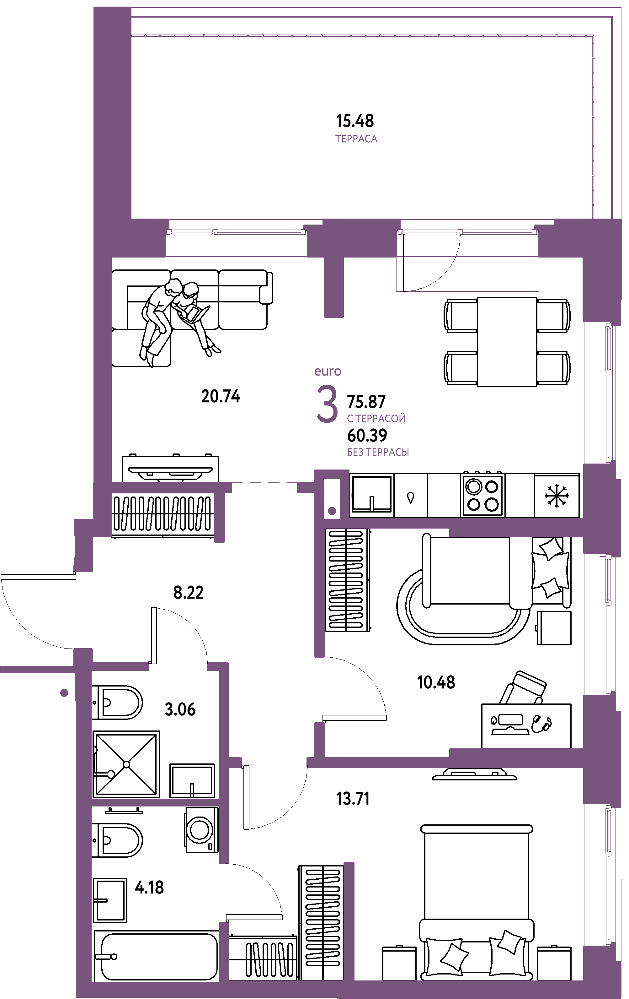 Купить 3-комнатную квартиру 75.87м², этаж №11 кв №301 в ЖК 