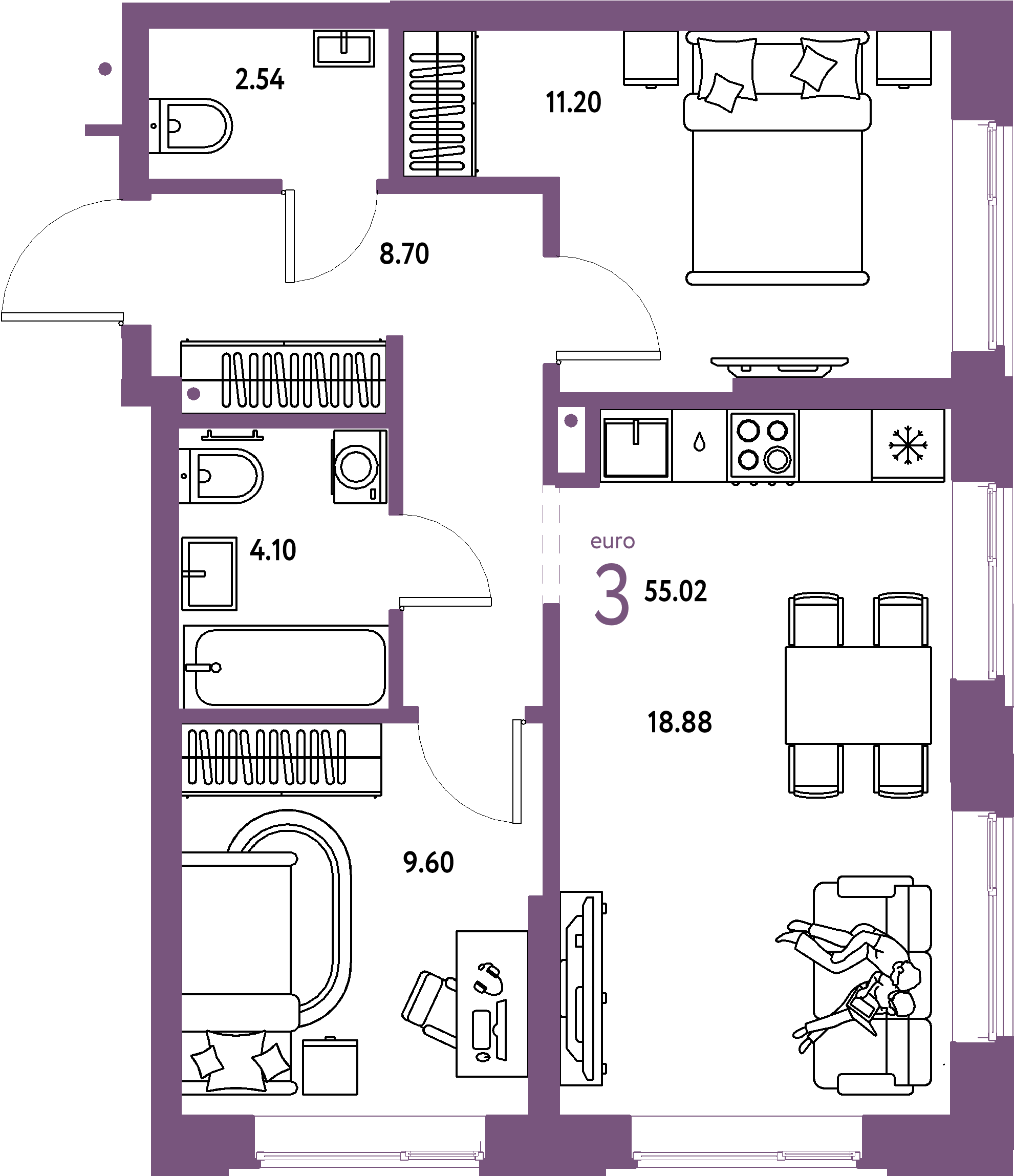 ЖК "Домашний"-3-комнатная 55.02 м²
