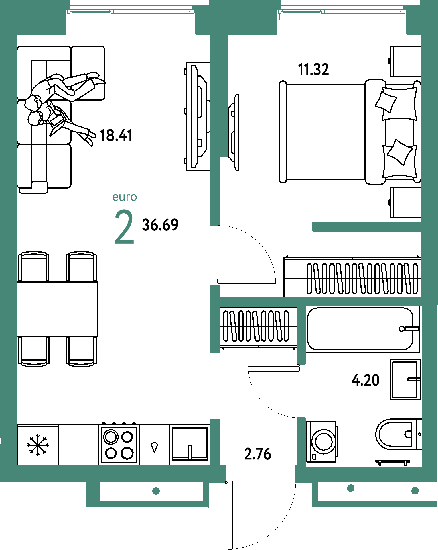 ЖК "Домашний"-2-комнатная 36.69 м²