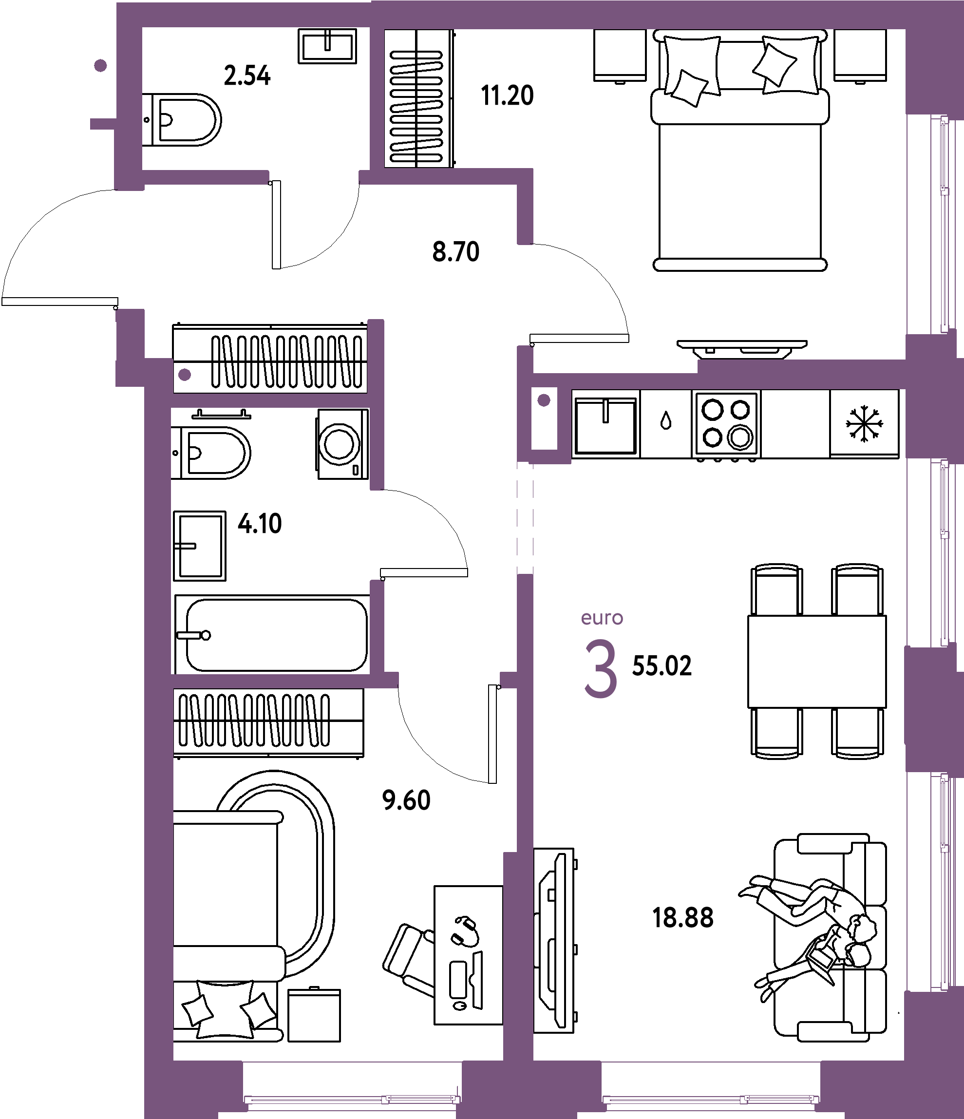 Купить 3-комнатную квартиру 55.02м², этаж №12 кв №311 в ЖК 