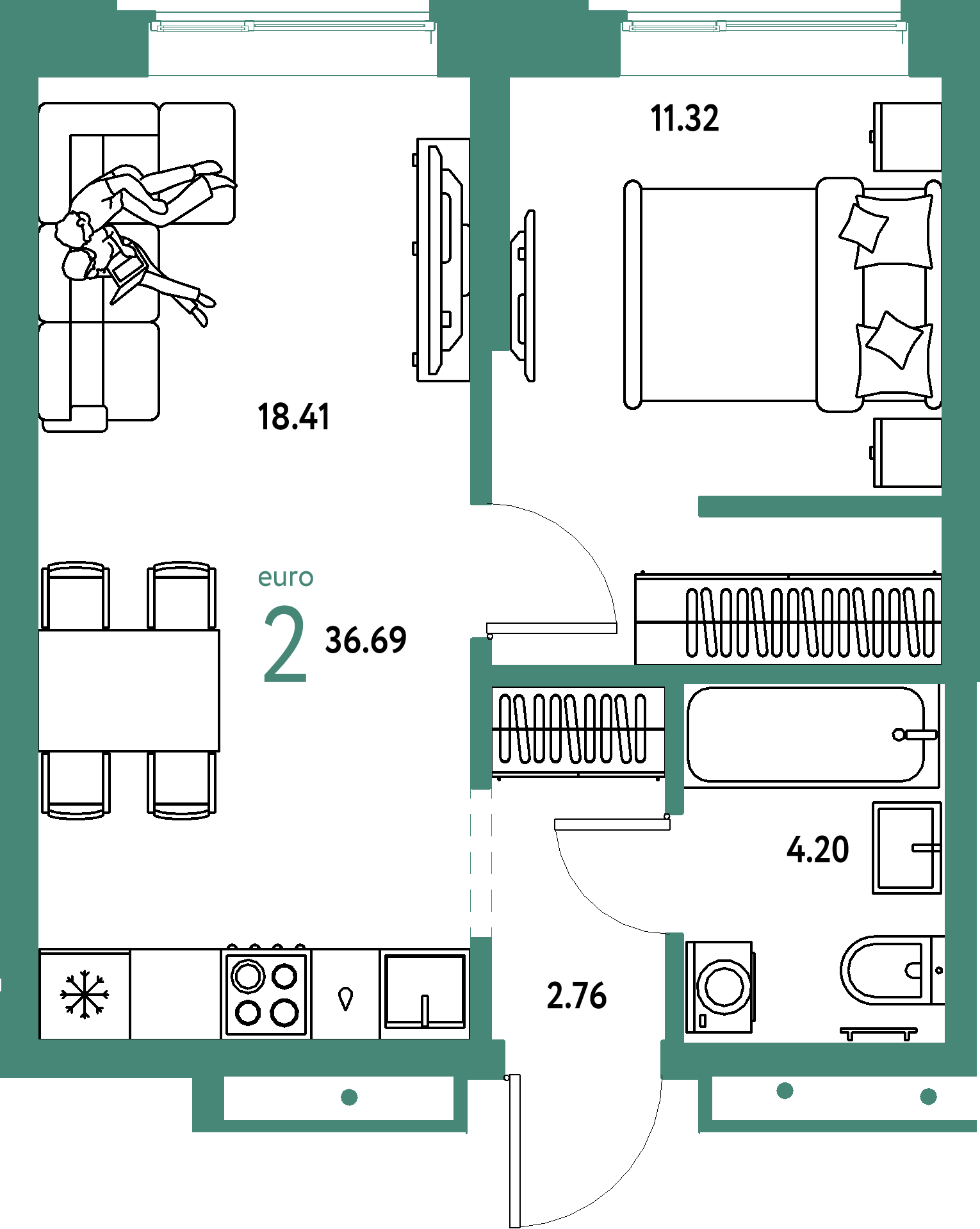 ЖК "Домашний"-2-комнатная 36.69 м²