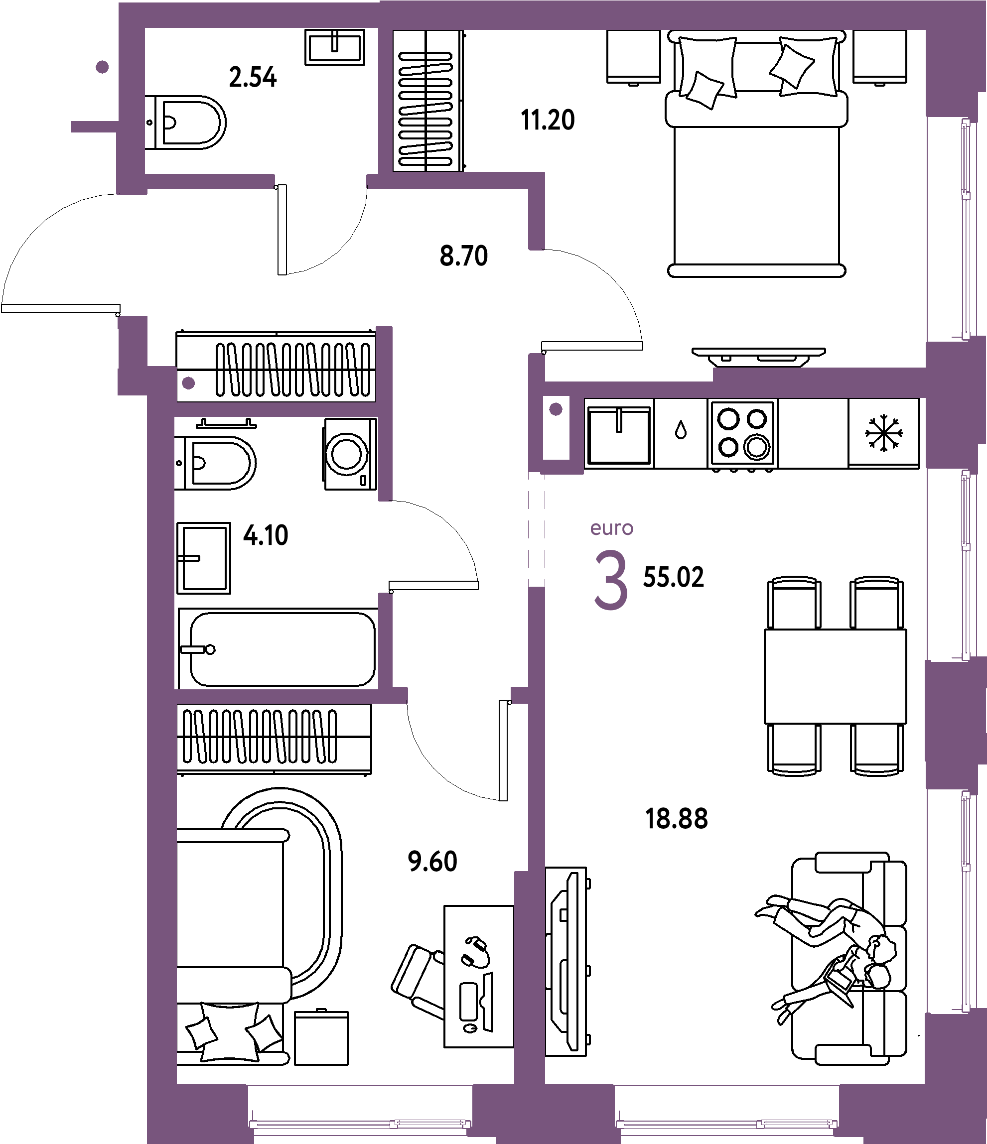 Купить 3-комнатную квартиру 55.02м², этаж №15 кв №338 в ЖК 