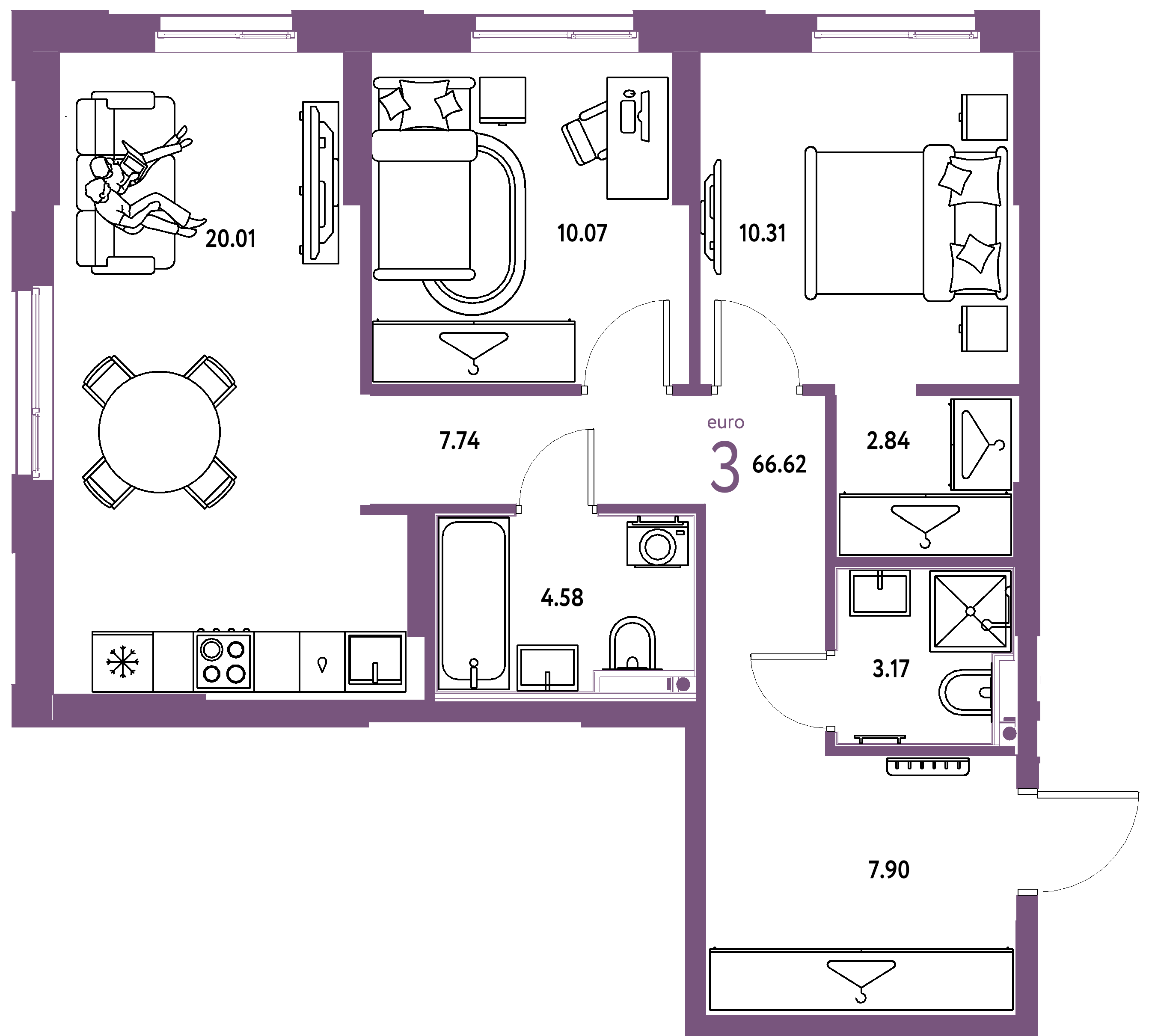 ЖК "Европейский берег 2.0"-3-комнатная 66.62 м²