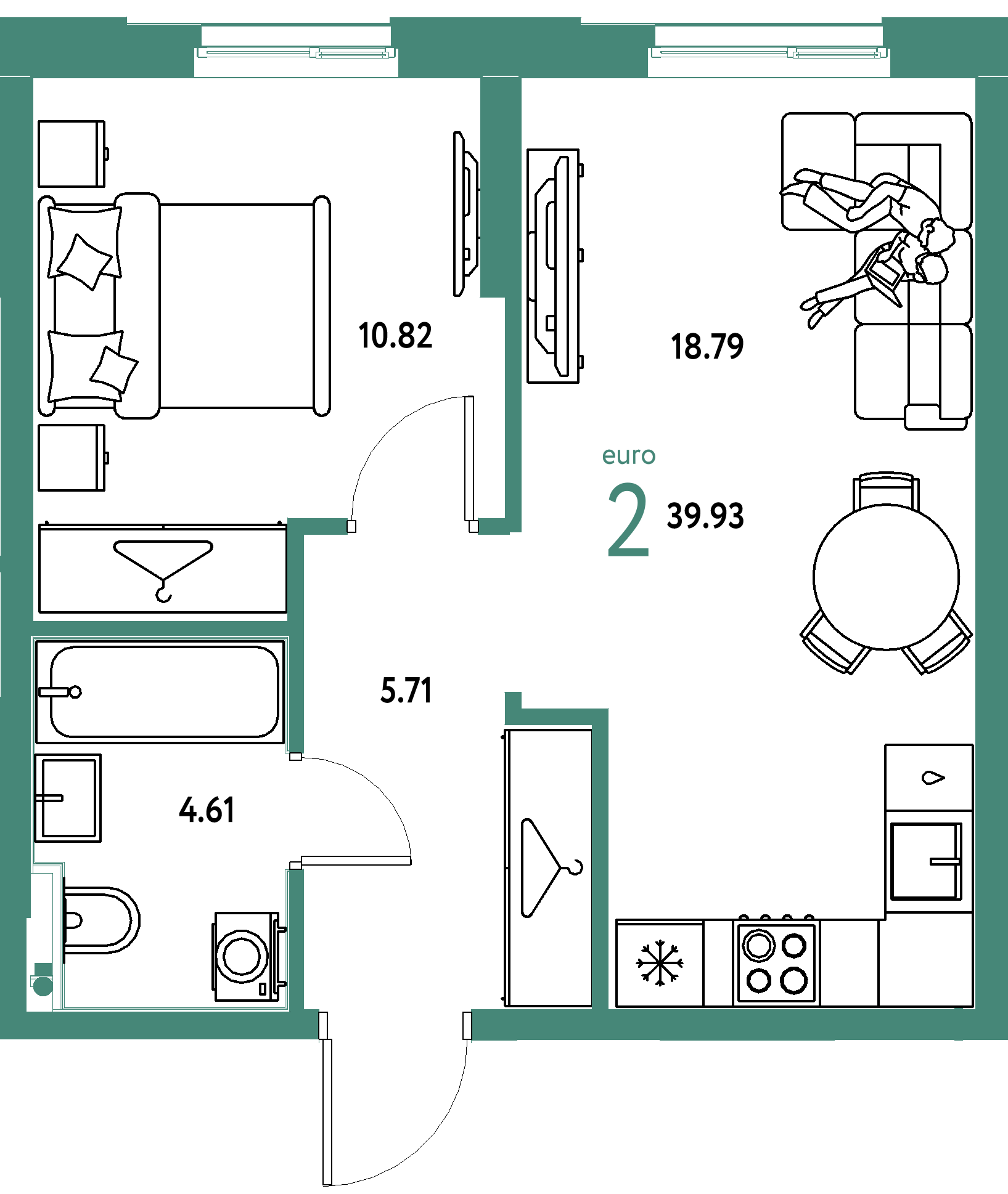 ЖК "Европейский берег 2.0"-2-комнатная 39.93 м²
