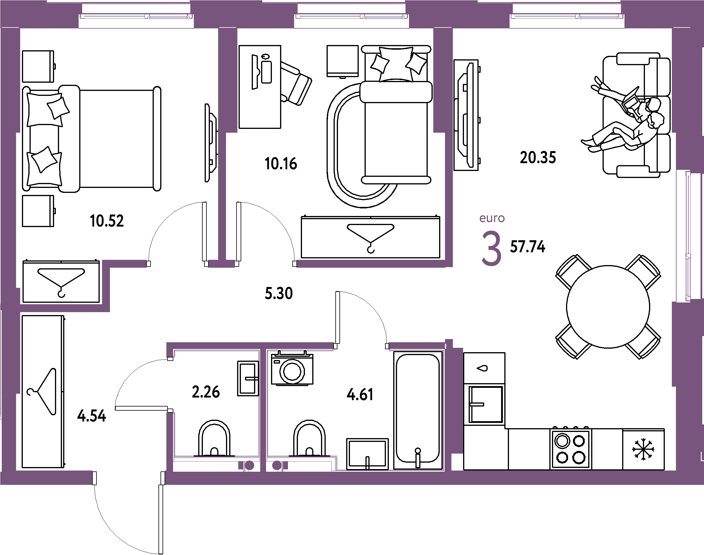 ЖК "Европейский берег 2.0"-3-комнатная 57.74 м²