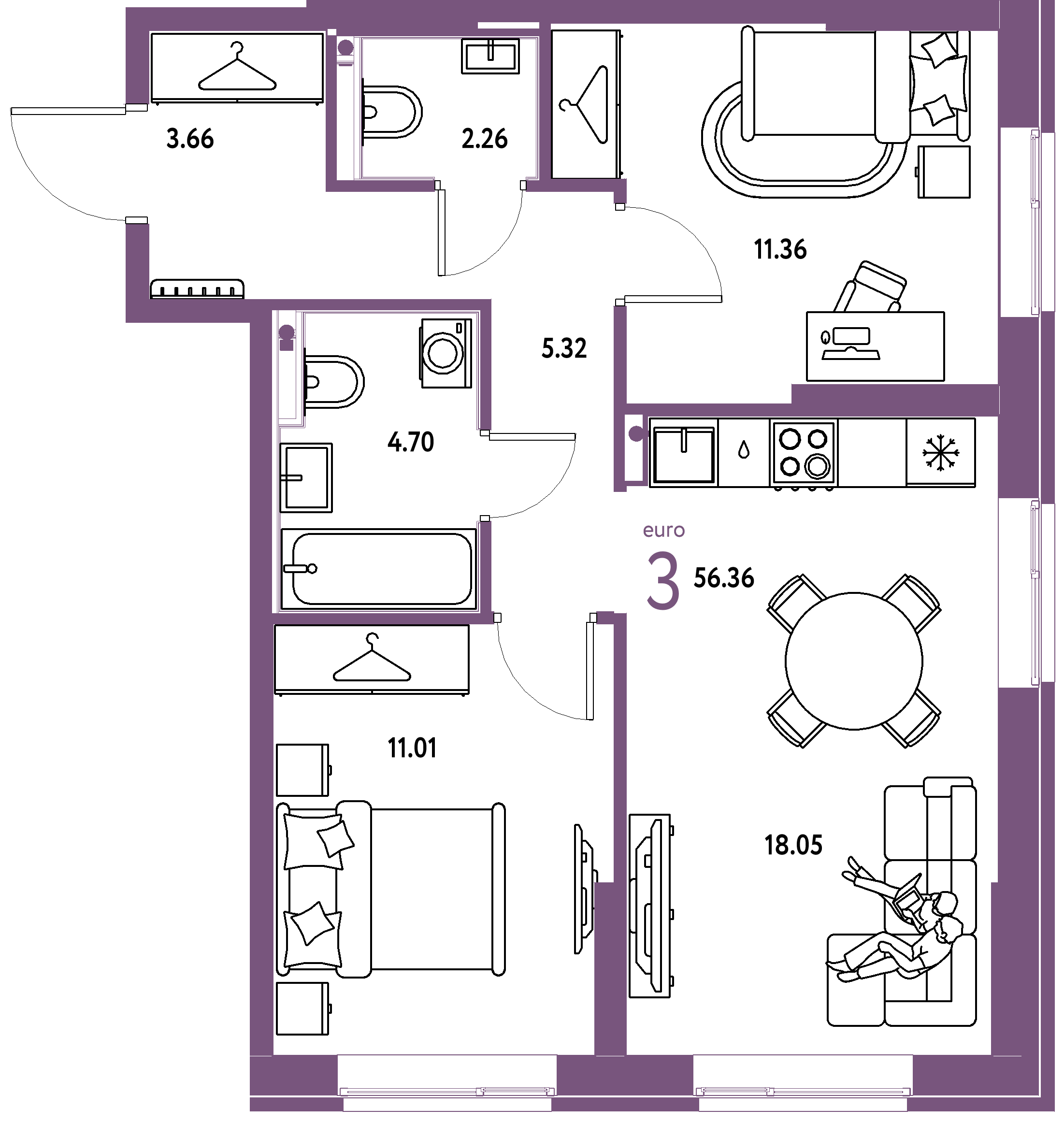 ЖК "Европейский берег 2.0"-3-комнатная 56.36 м²