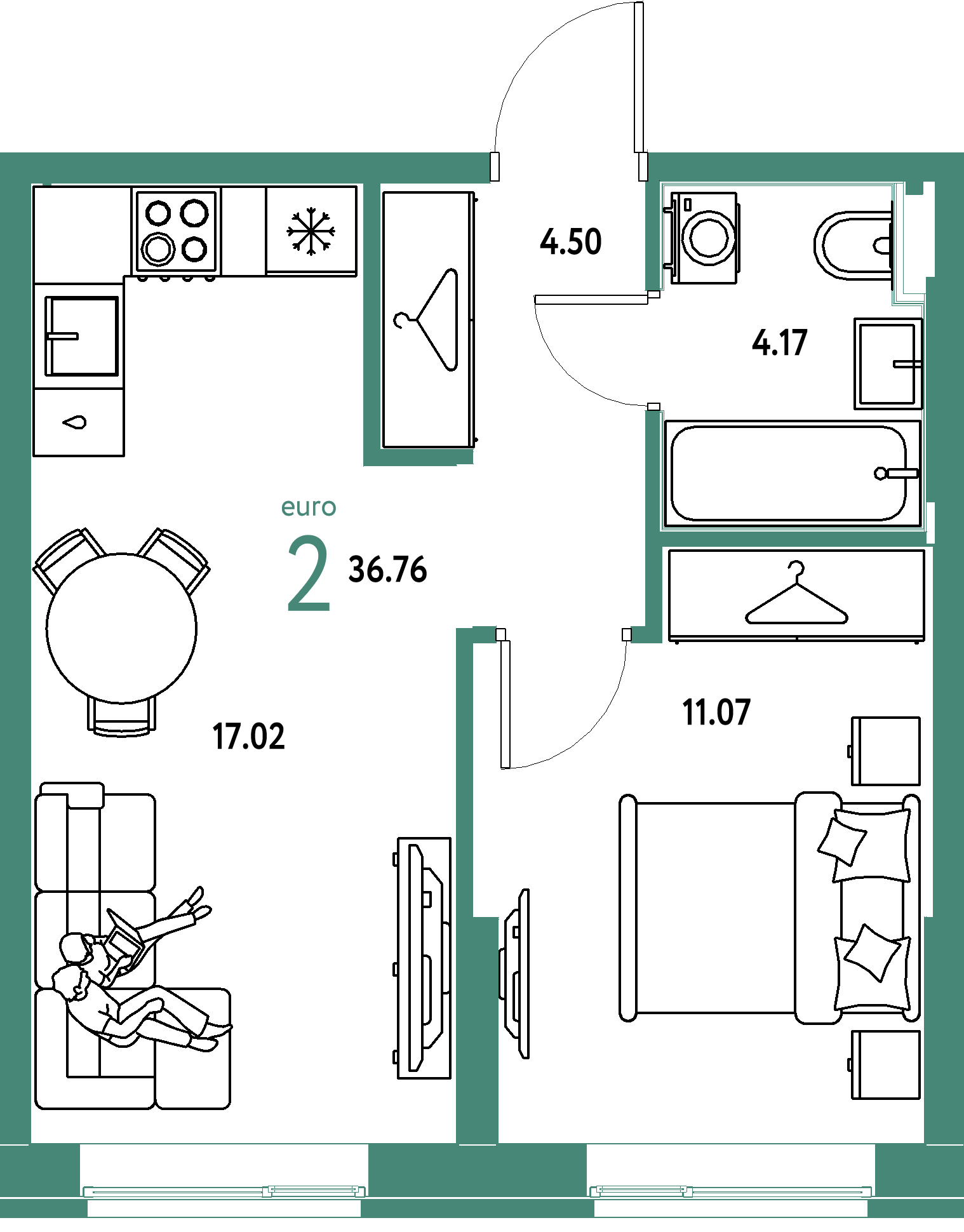ЖК "Европейский берег 2.0"-2-комнатная 36.76 м²