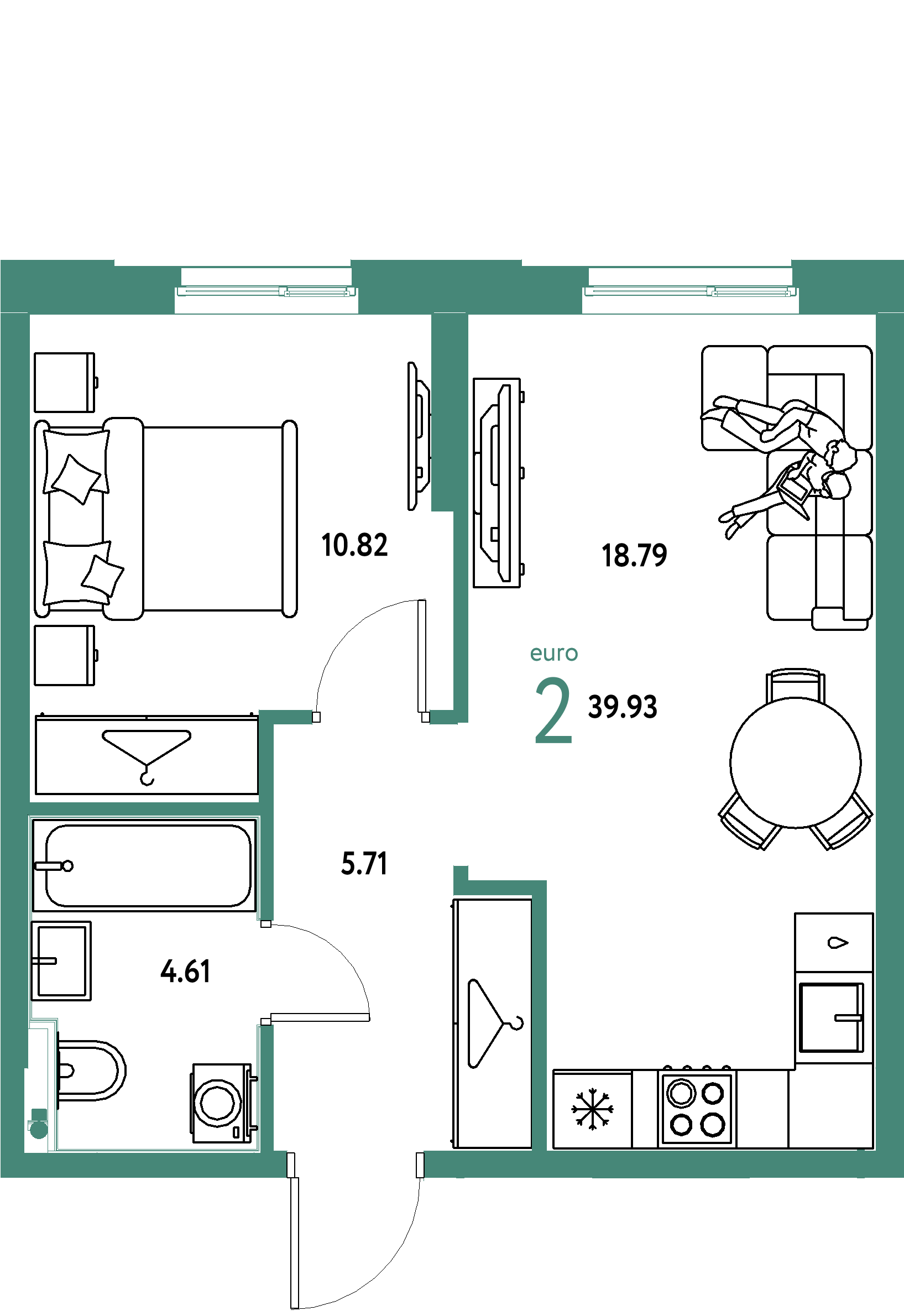 ЖК "Европейский берег 2.0"-2-комнатная 39.93 м²