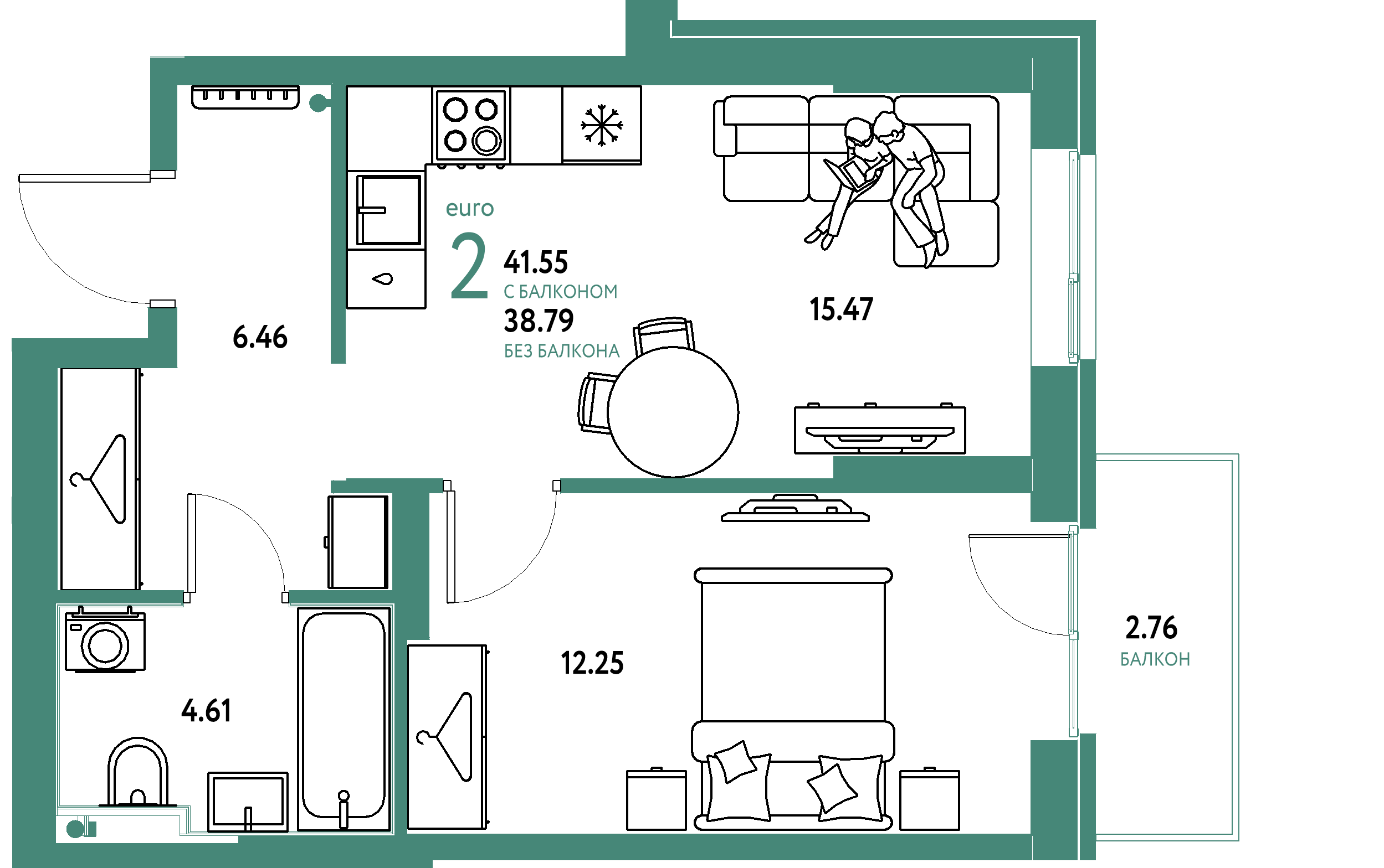 ЖК "Европейский берег 2.0"-2-комнатная 41.55 м²