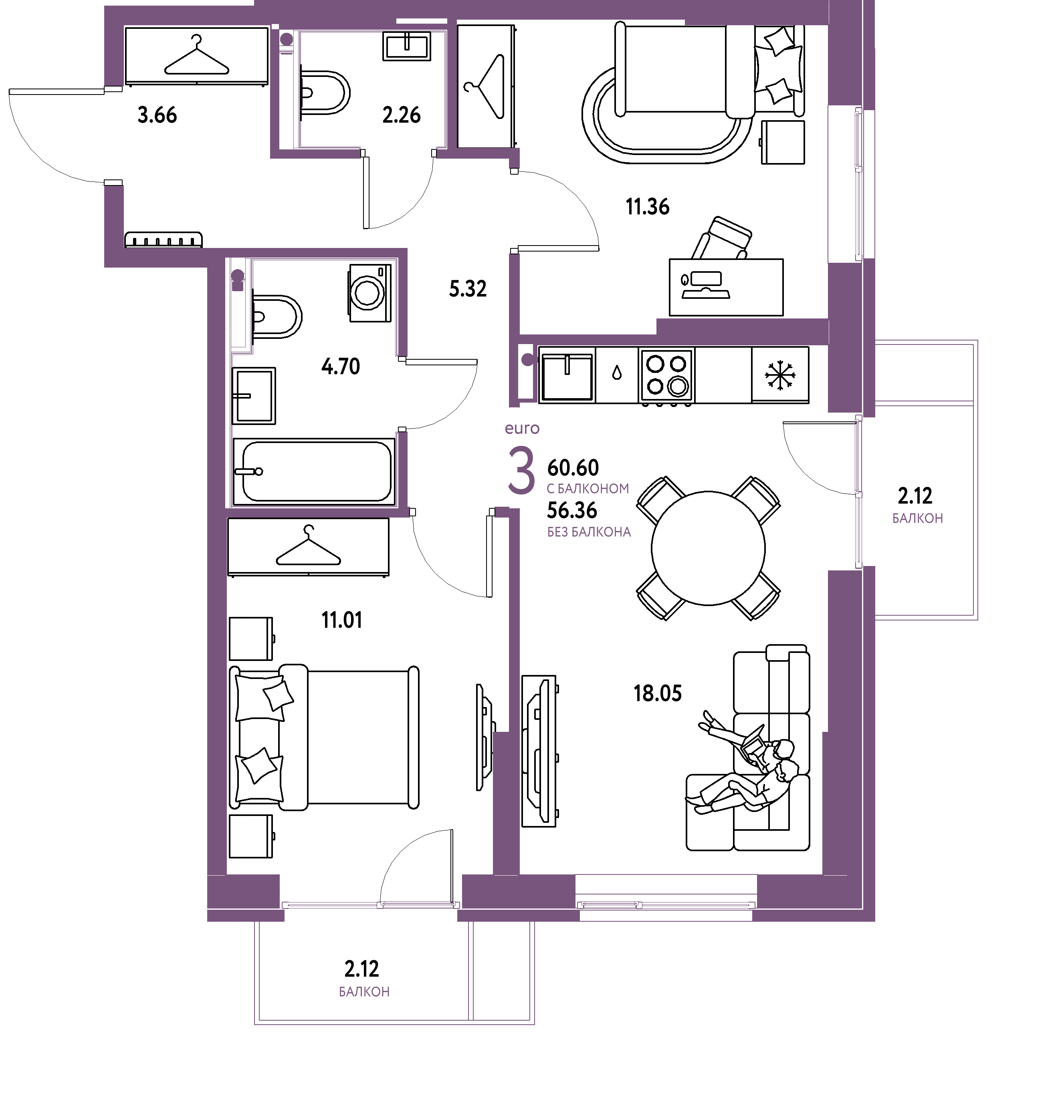 ЖК "Европейский берег 2.0"-3-комнатная 60.6 м²