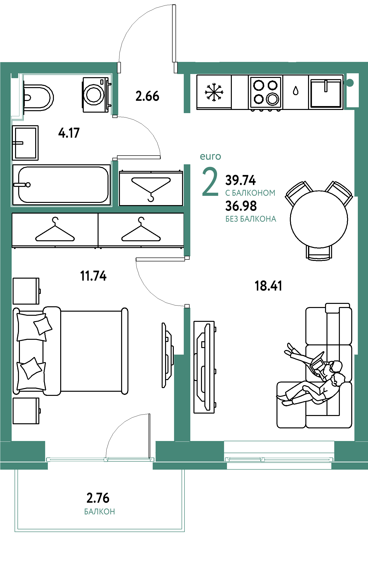 ЖК "Европейский берег 2.0"-2-комнатная 39.74 м²
