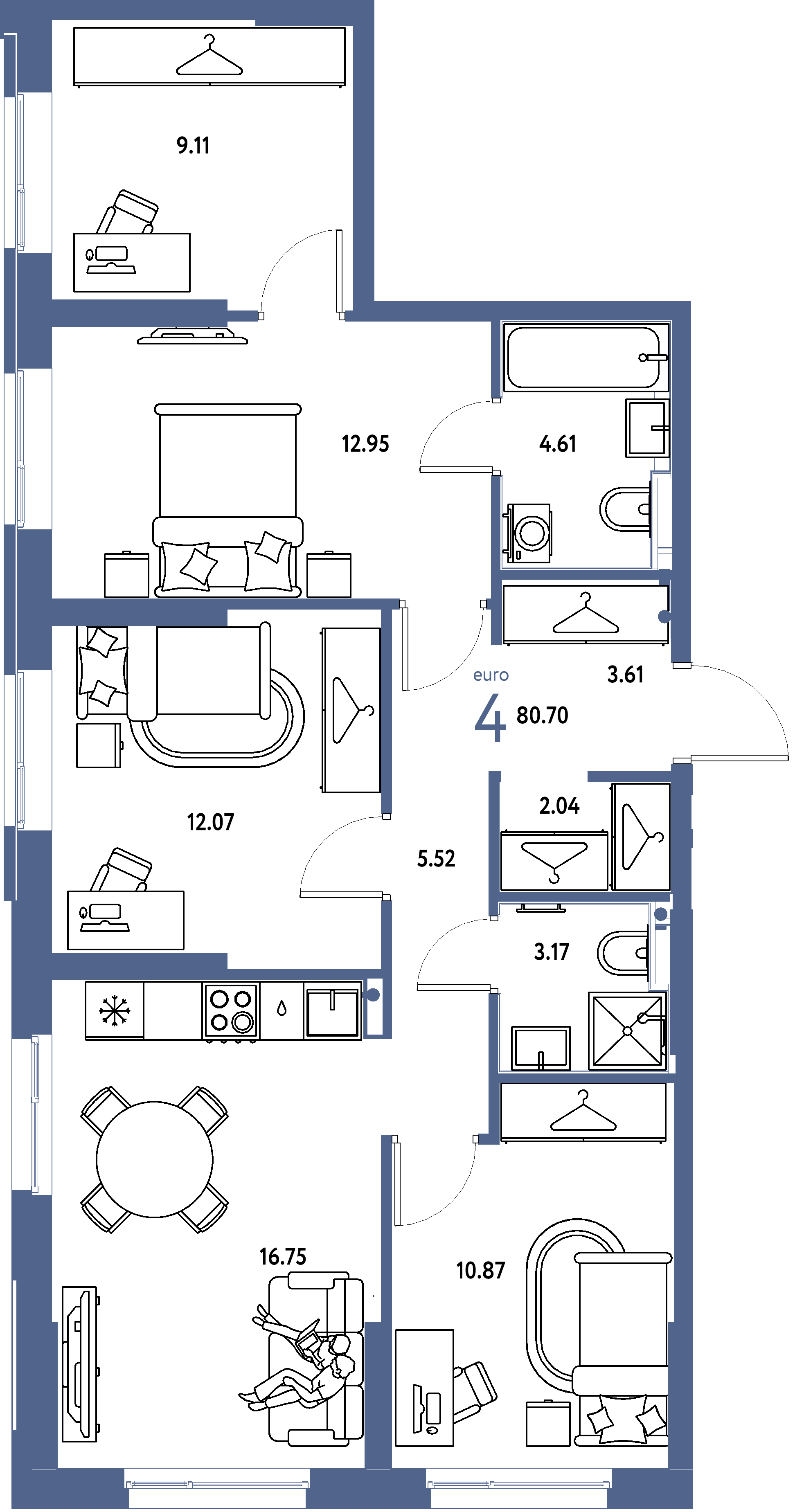 ЖК "Европейский берег 2.0"-4-комнатная 80.7 м²