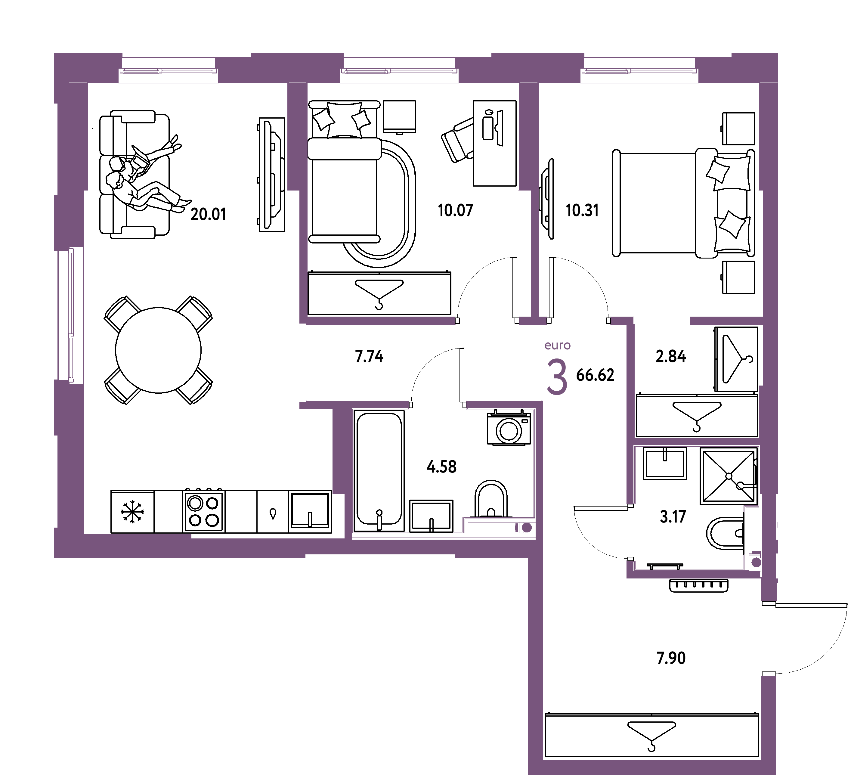 ЖК "Европейский берег 2.0"-3-комнатная 66.62 м²