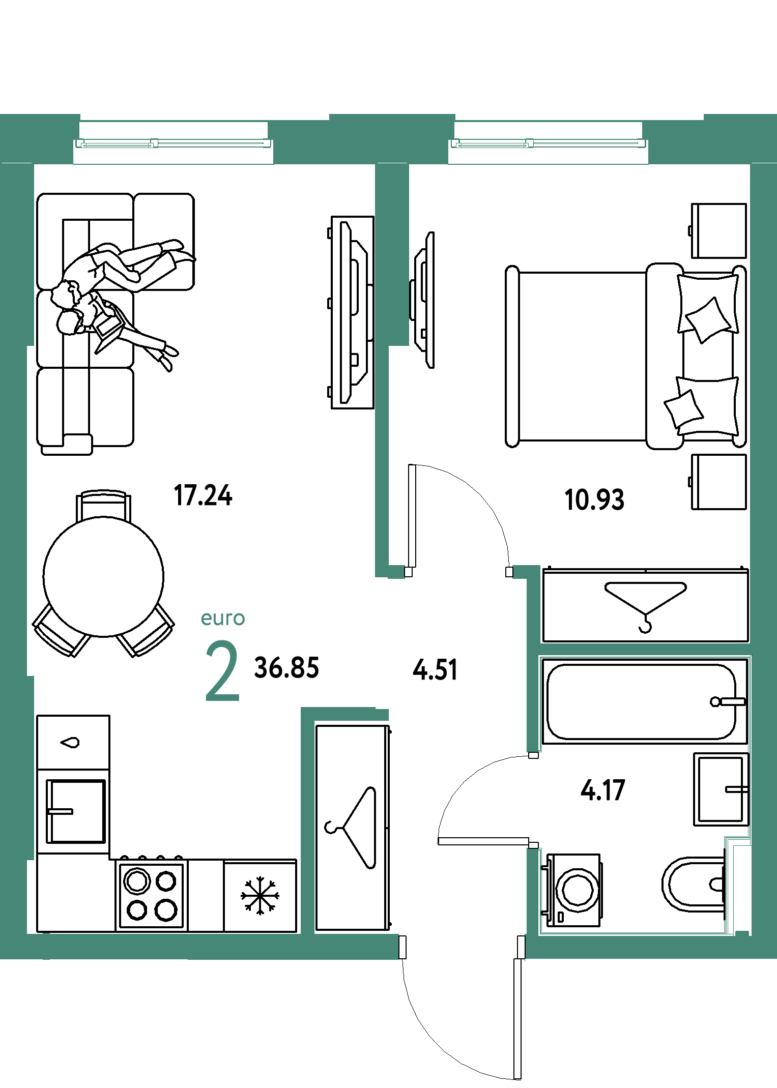 ЖК "Европейский берег 2.0"-2-комнатная 36.85 м²