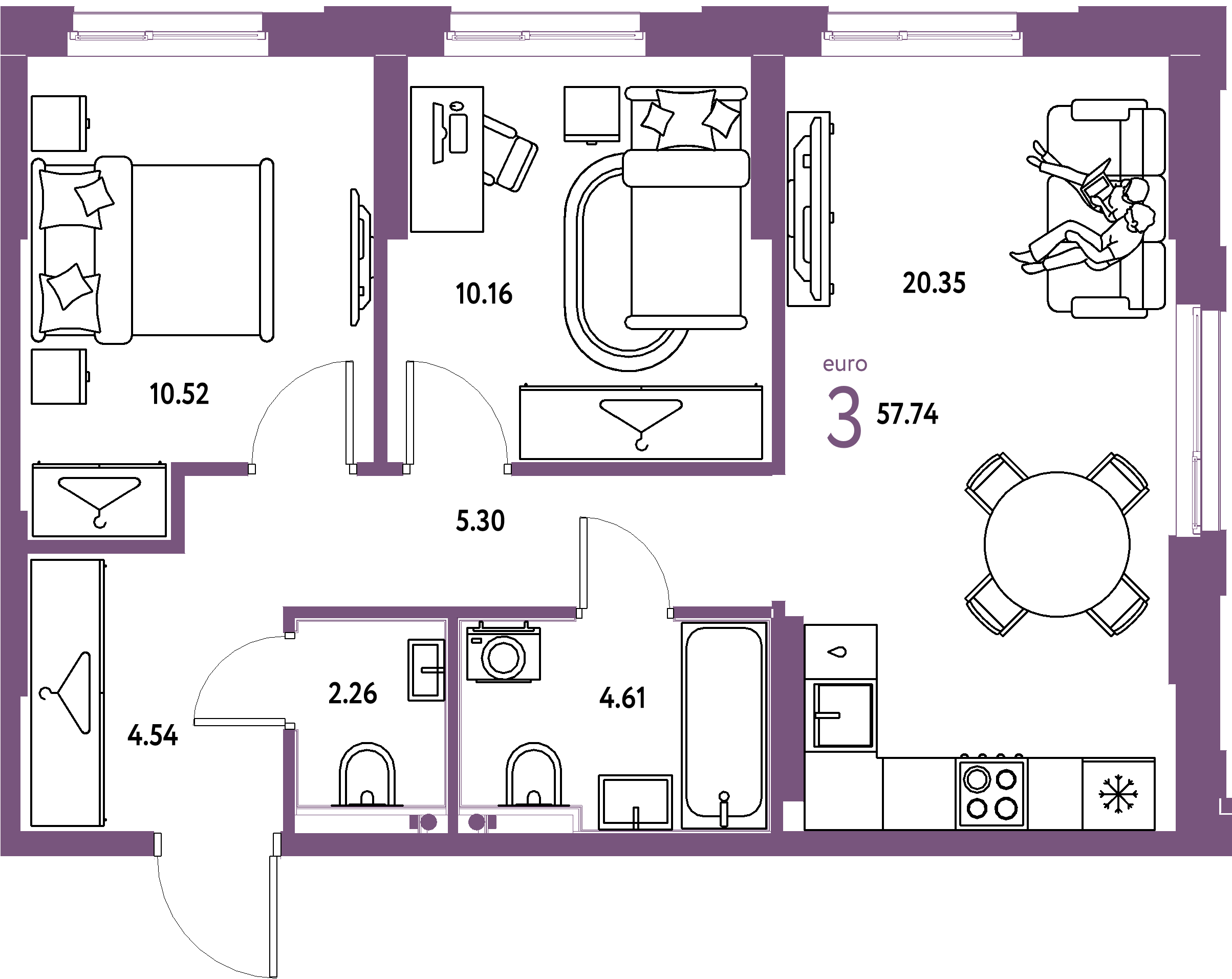 ЖК "Европейский берег 2.0"-3-комнатная 57.74 м²