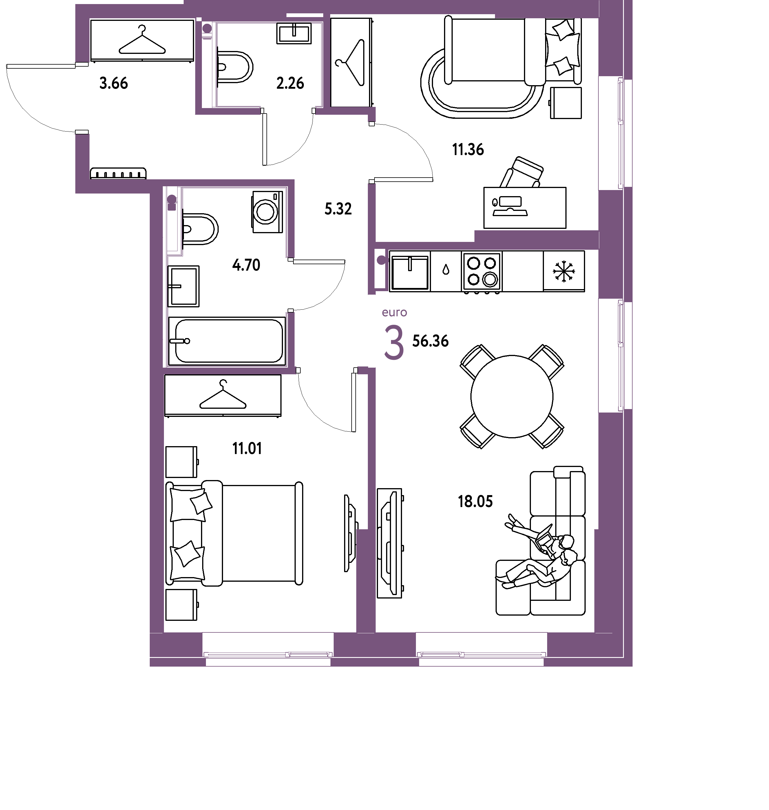 ЖК "Европейский берег 2.0"-3-комнатная 56.36 м²