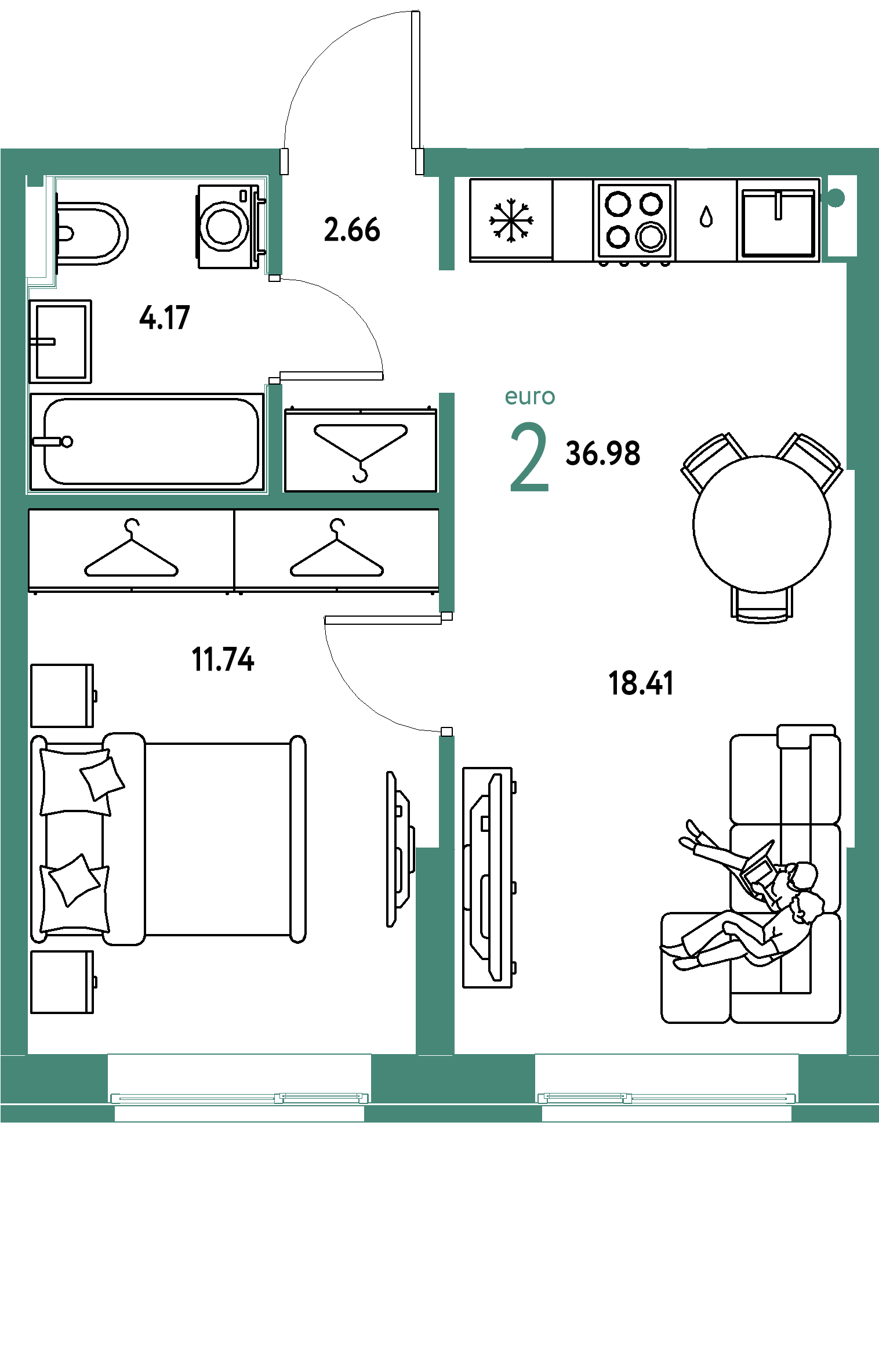 ЖК "Европейский берег 2.0"-2-комнатная 36.98 м²
