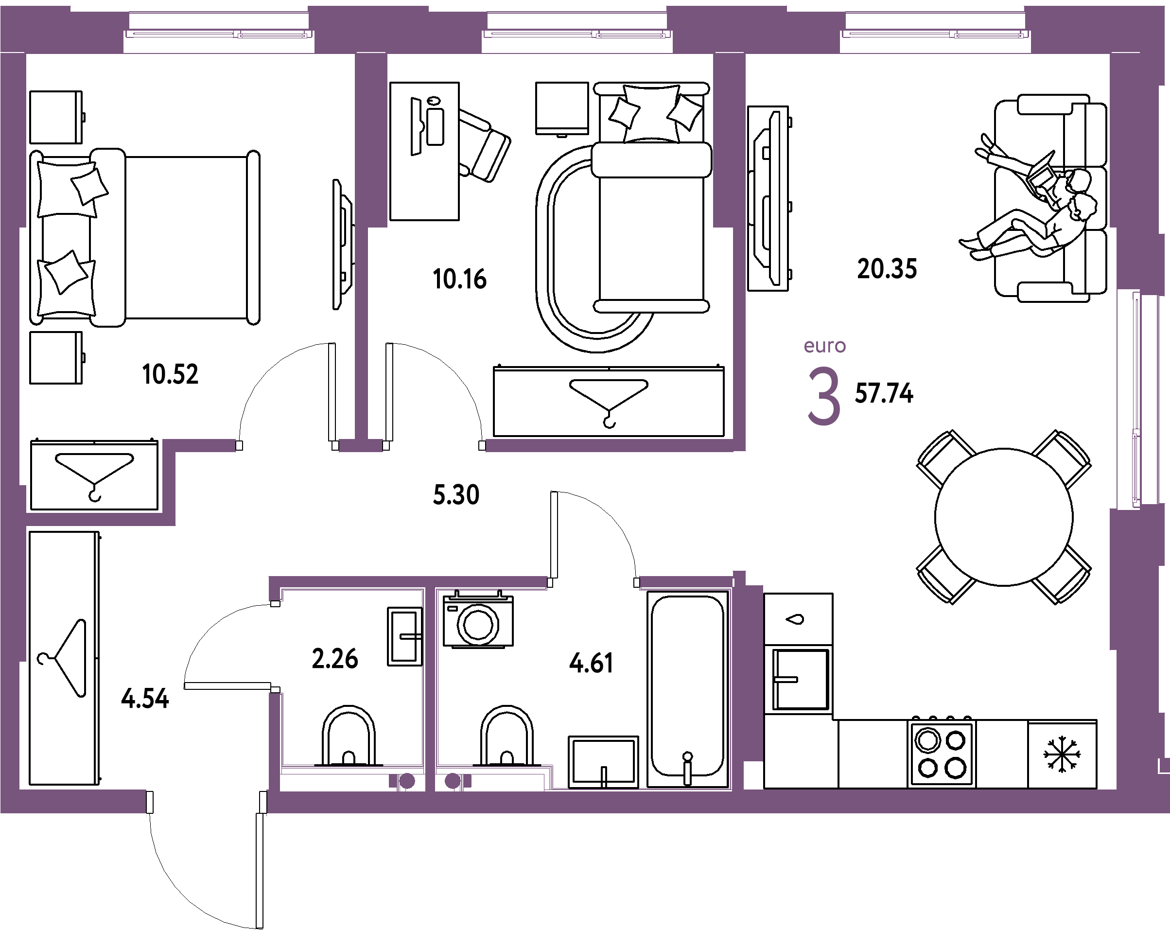 ЖК "Европейский берег 2.0"-3-комнатная 57.74 м²