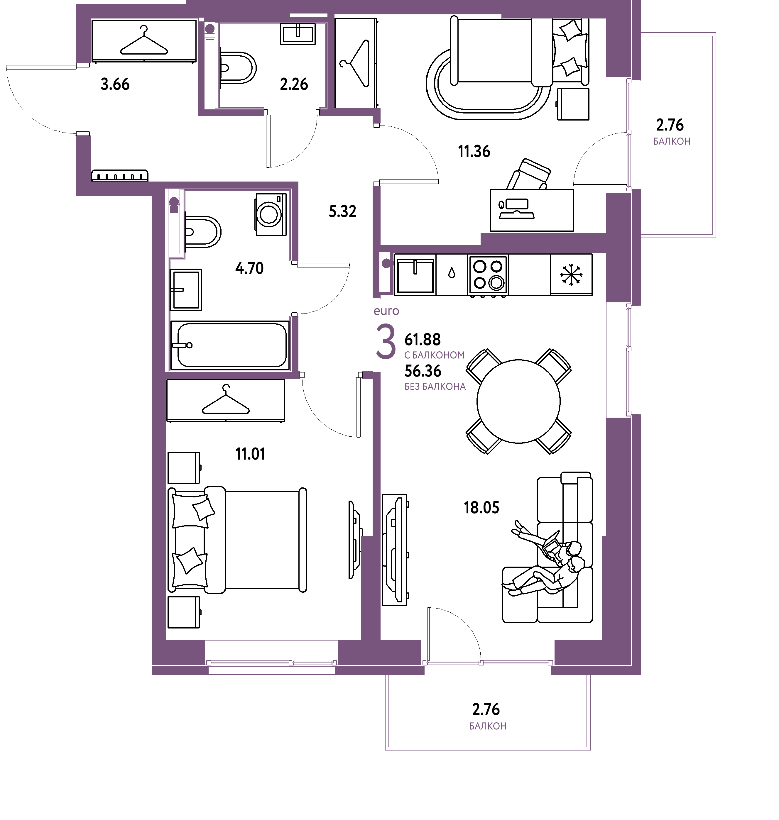 ЖК "Европейский берег 2.0"-3-комнатная 61.88 м²