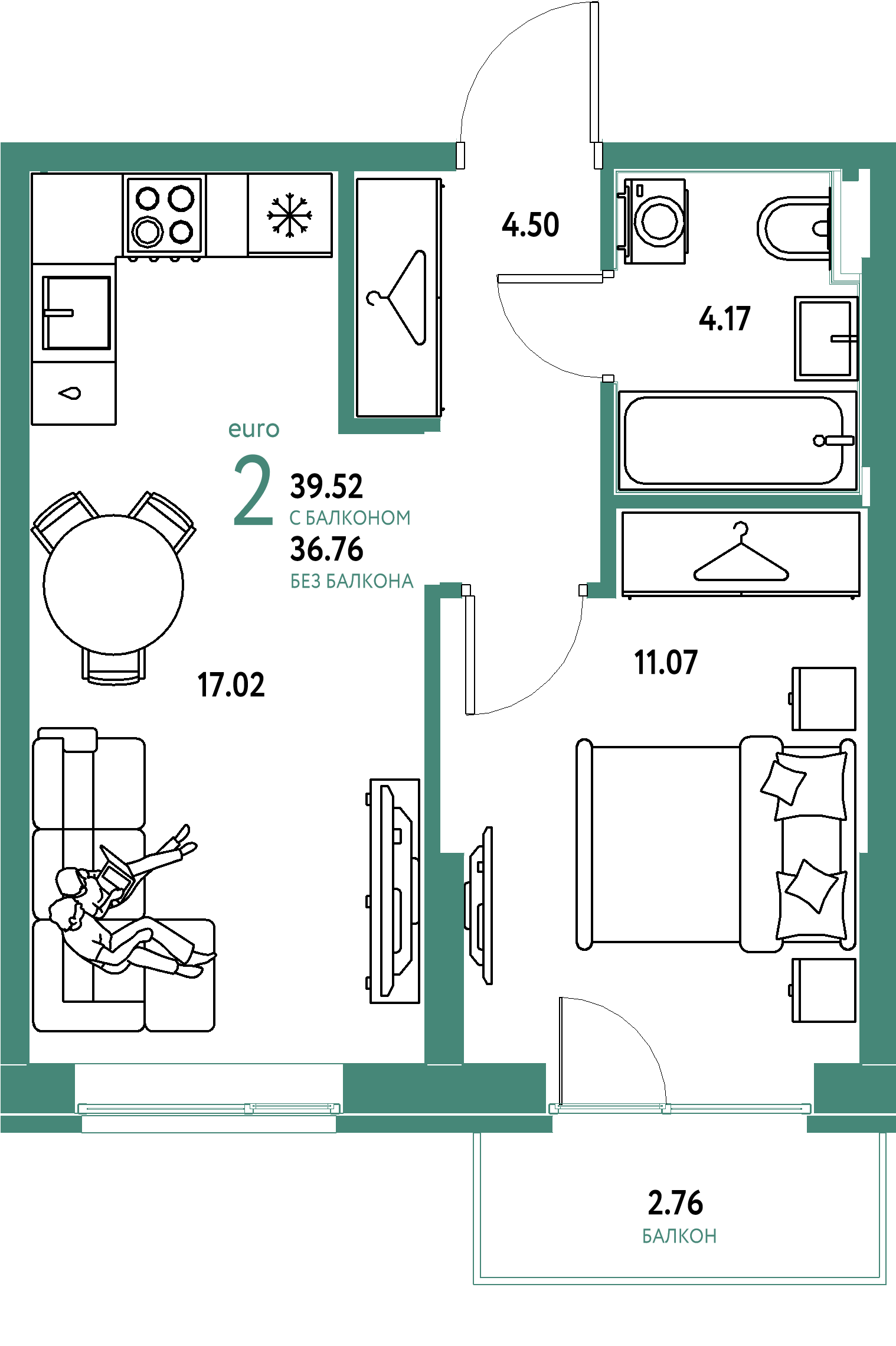 ЖК "Европейский берег 2.0"-2-комнатная 39.52 м²