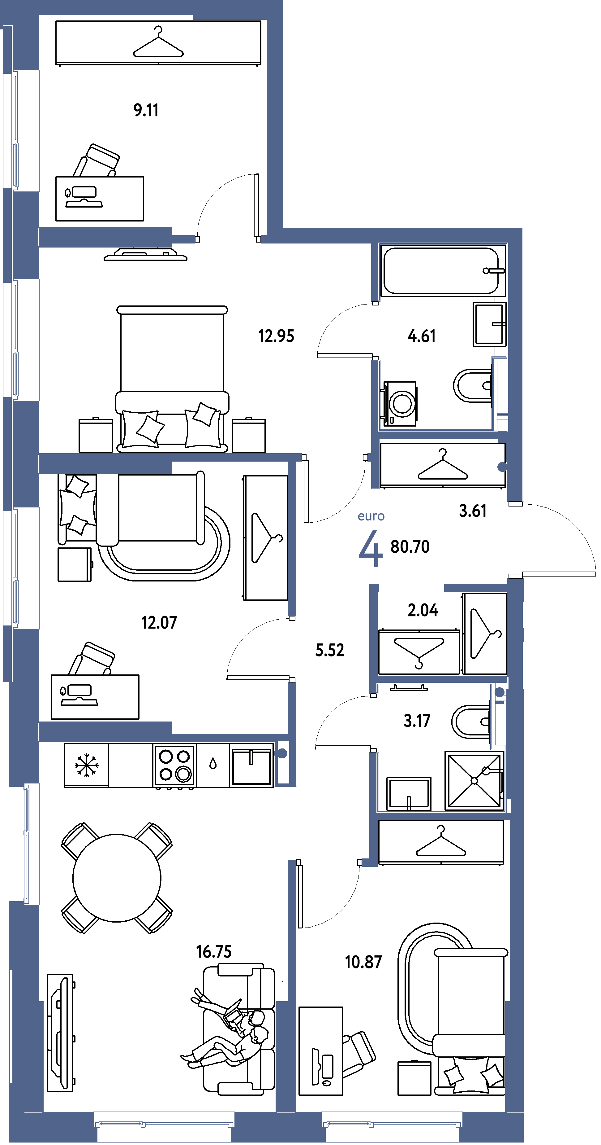 ЖК "Европейский берег 2.0"-4-комнатная 80.7 м²