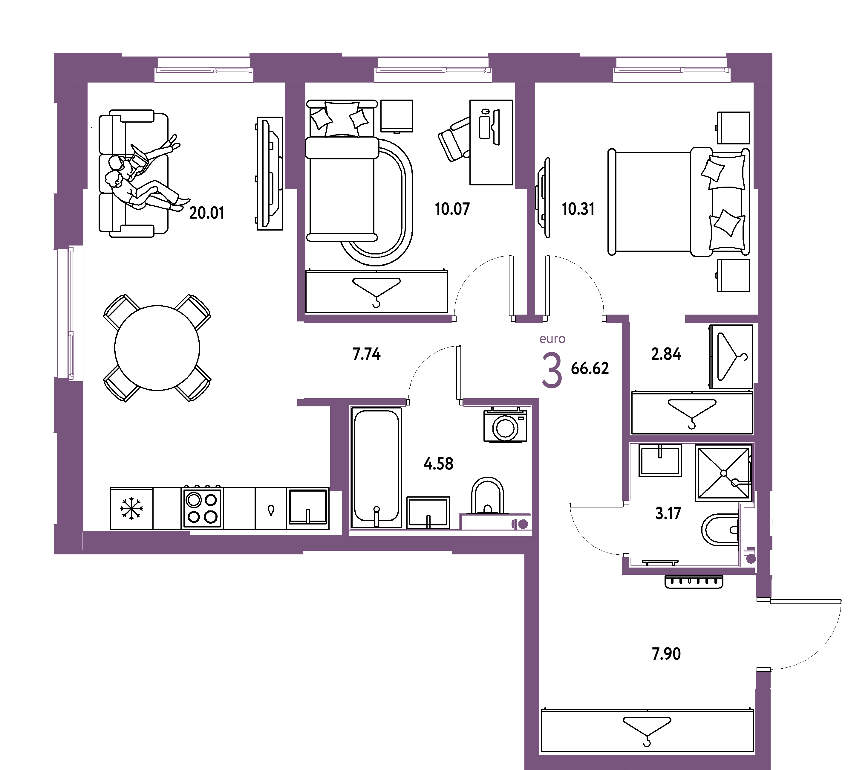 ЖК "Европейский берег 2.0"-3-комнатная 66.62 м²