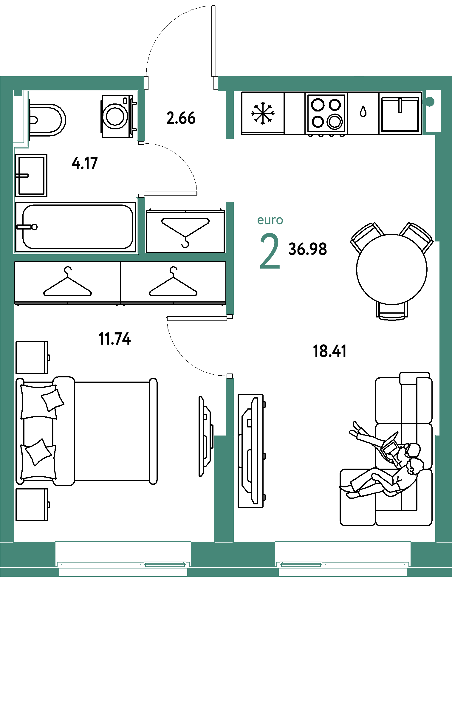 ЖК "Европейский берег 2.0"-2-комнатная 36.98 м²