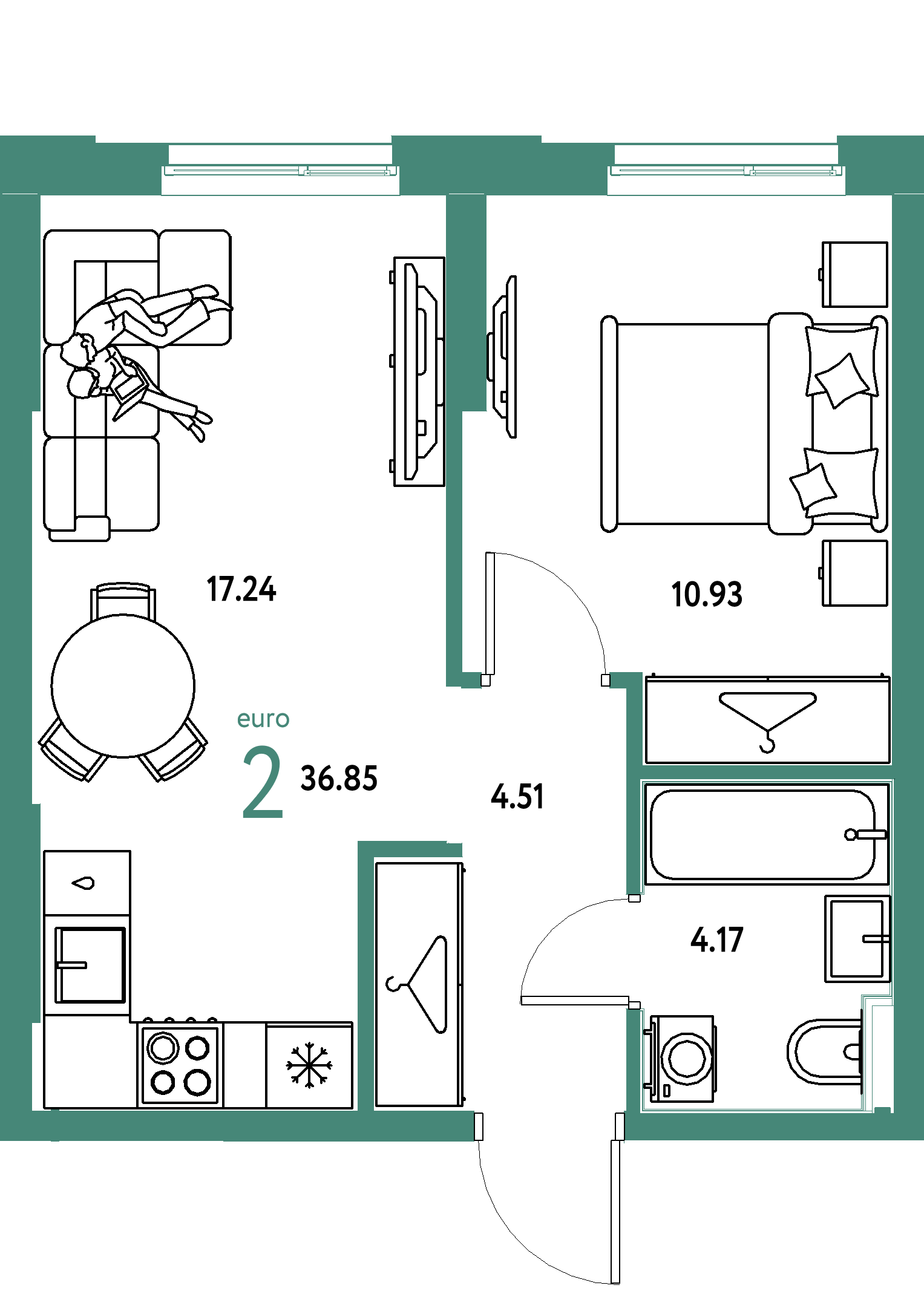 ЖК "Европейский берег 2.0"-2-комнатная 36.85 м²