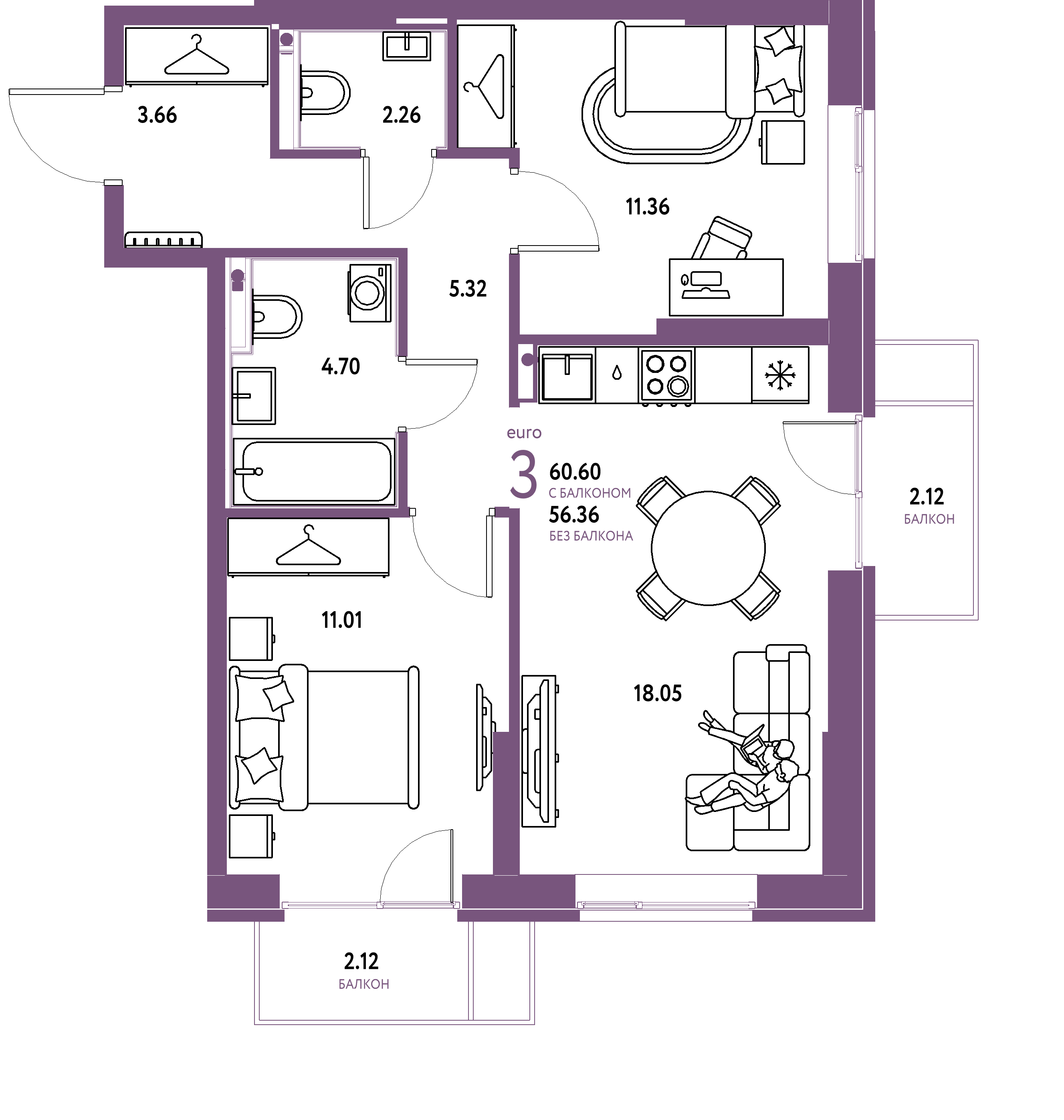 ЖК "Европейский берег 2.0"-3-комнатная 60.6 м²