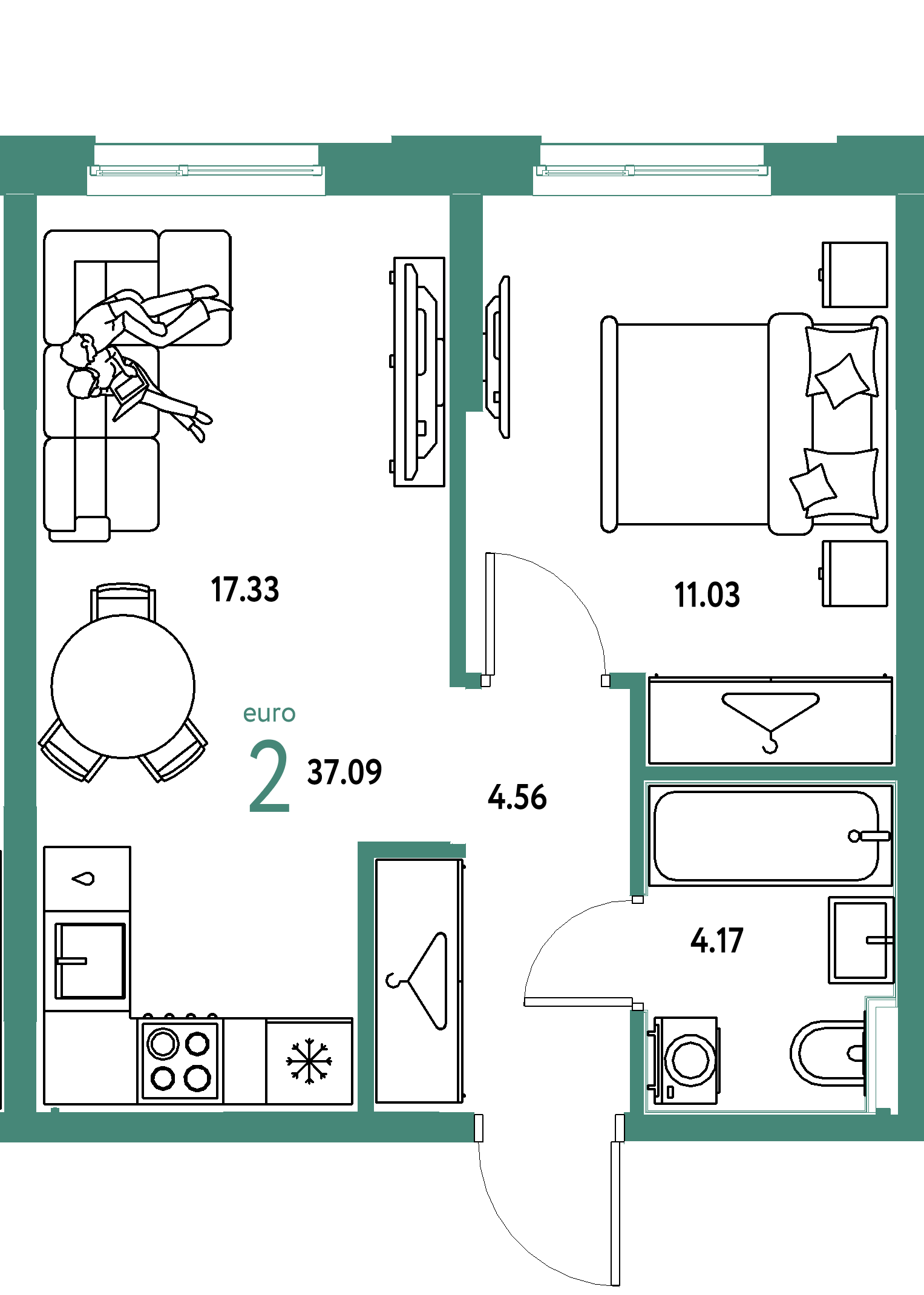 ЖК "Европейский берег 2.0"-2-комнатная 37.09 м²