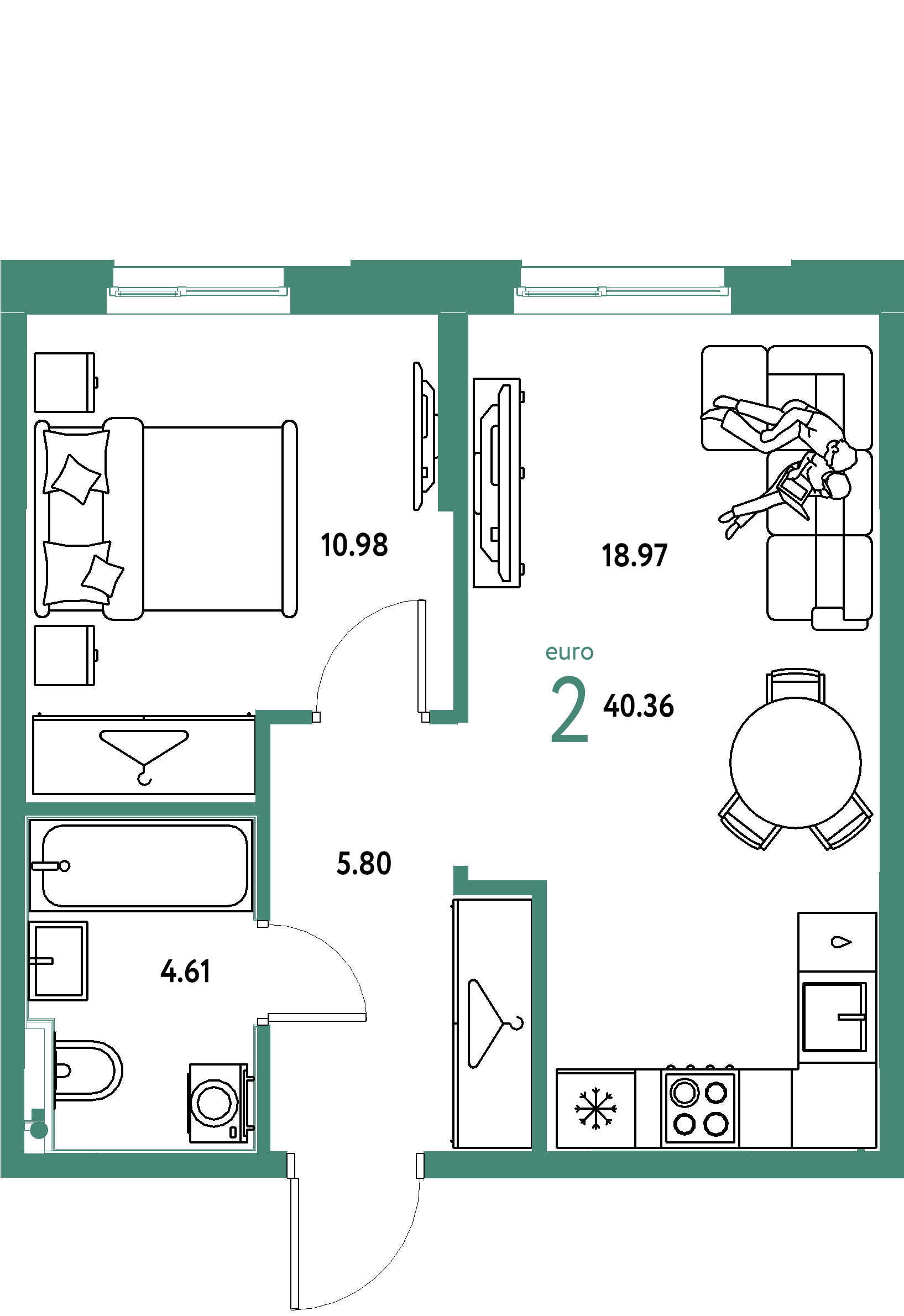 ЖК "Европейский берег 2.0"-2-комнатная 40.36 м²