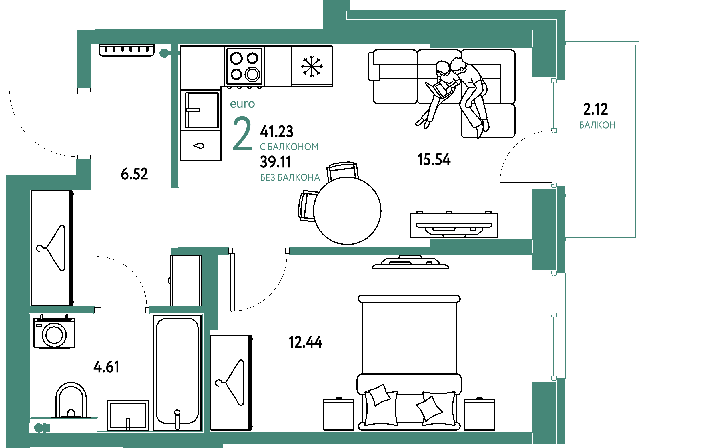 ЖК "Европейский берег 2.0"-2-комнатная 41.23 м²