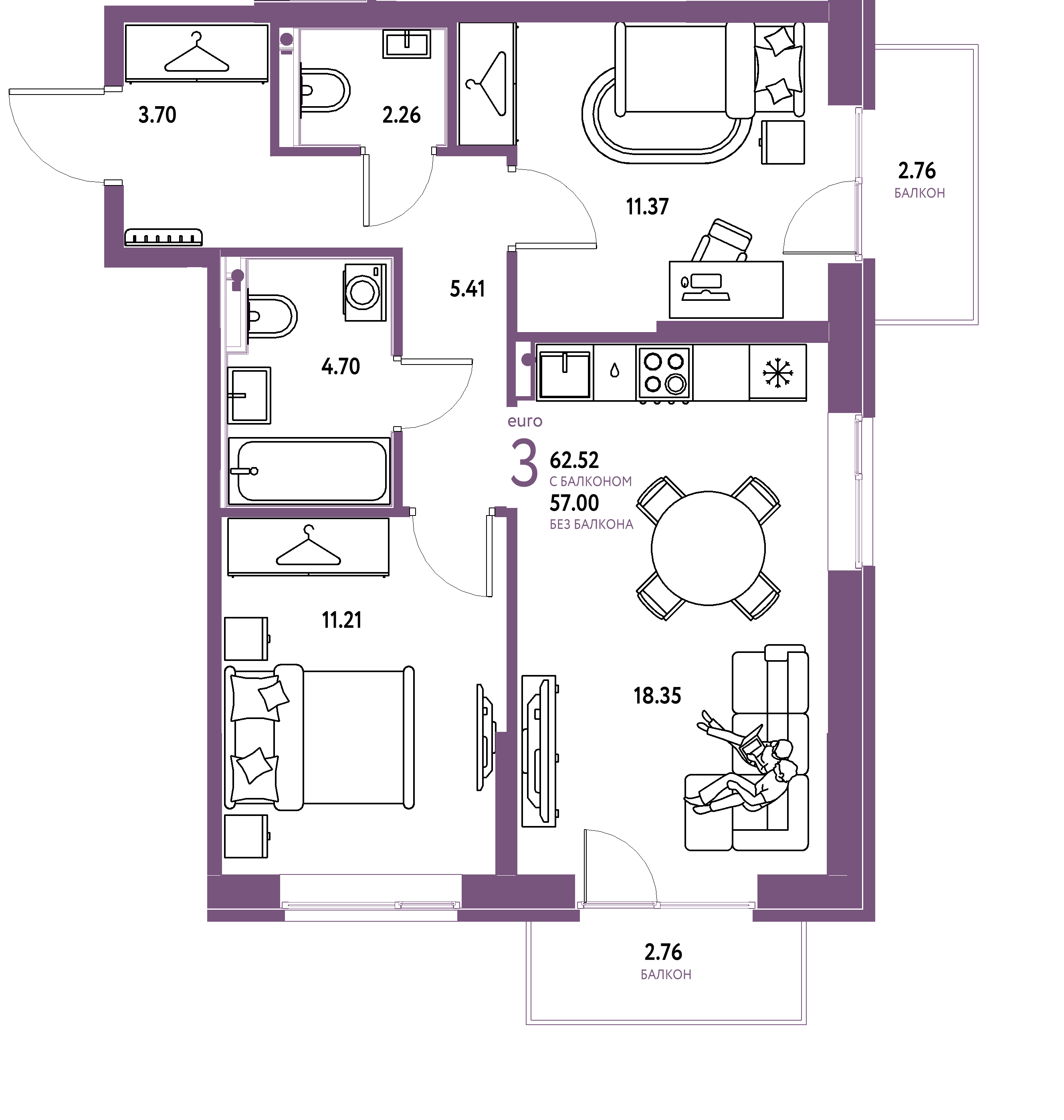ЖК "Европейский берег 2.0"-3-комнатная 62.52 м²