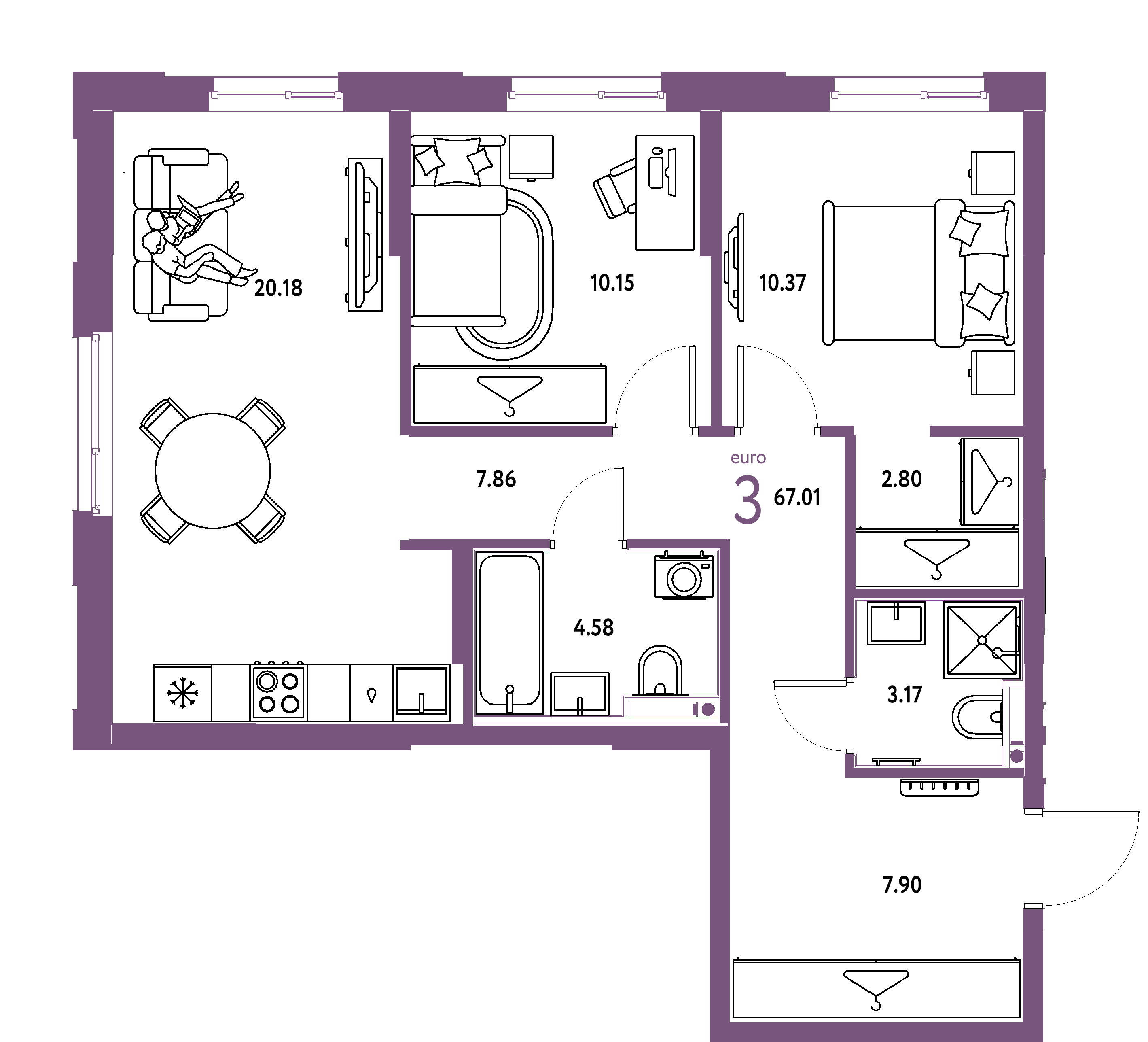 ЖК "Европейский берег 2.0"-3-комнатная 67.01 м²