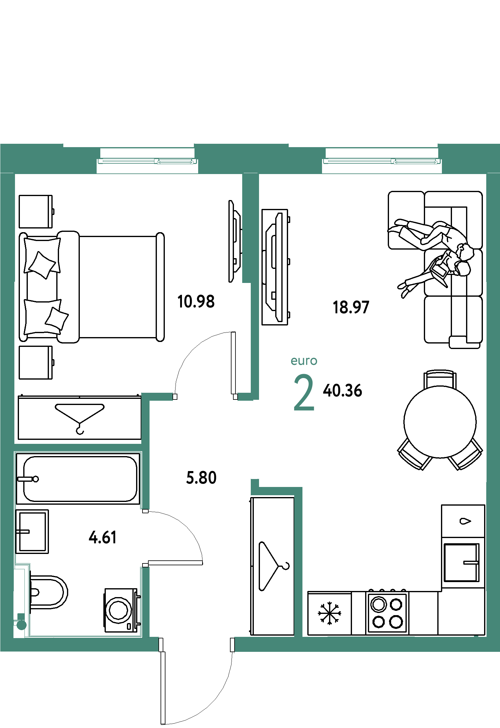 ЖК "Европейский берег 2.0"-2-комнатная 40.36 м²