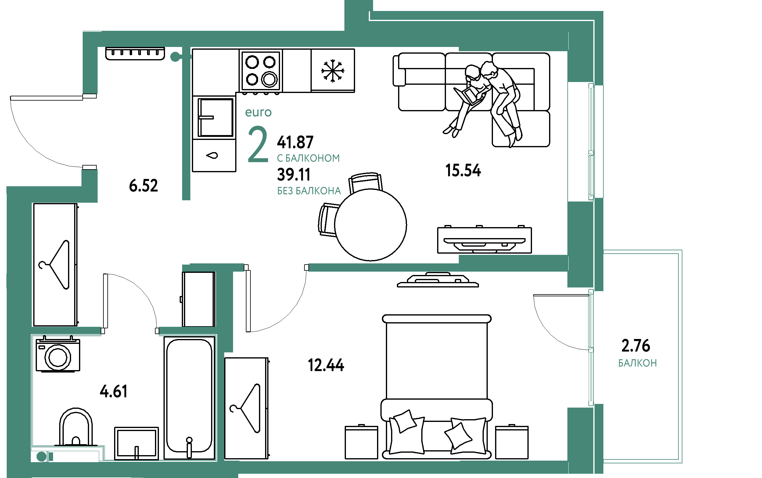 ЖК "Европейский берег 2.0"-2-комнатная 41.87 м²