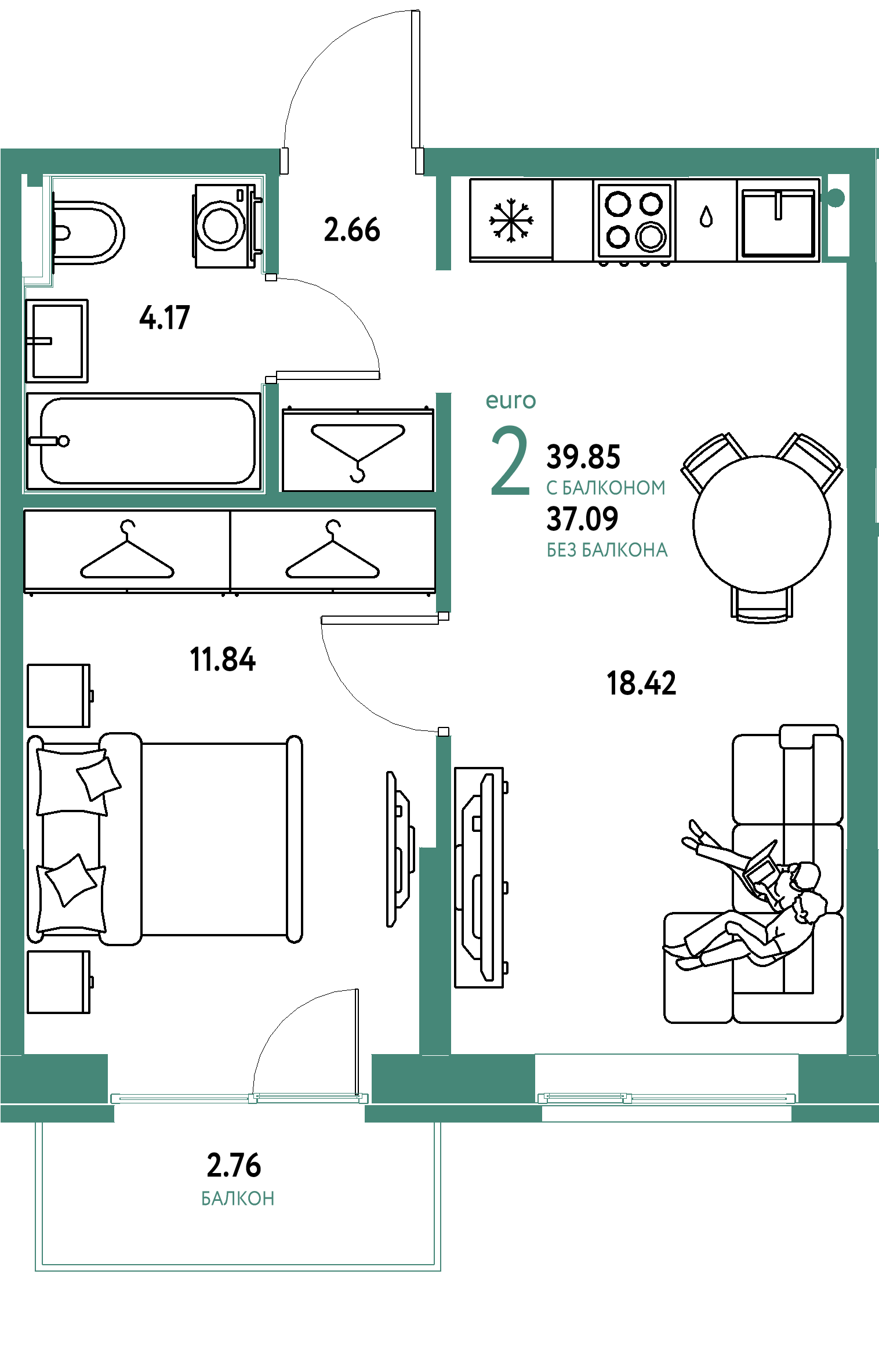 ЖК "Европейский берег 2.0"-2-комнатная 39.85 м²