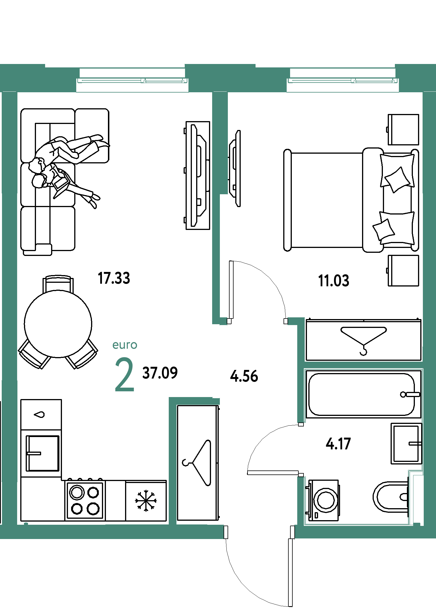 ЖК "Европейский берег 2.0"-2-комнатная 37.09 м²