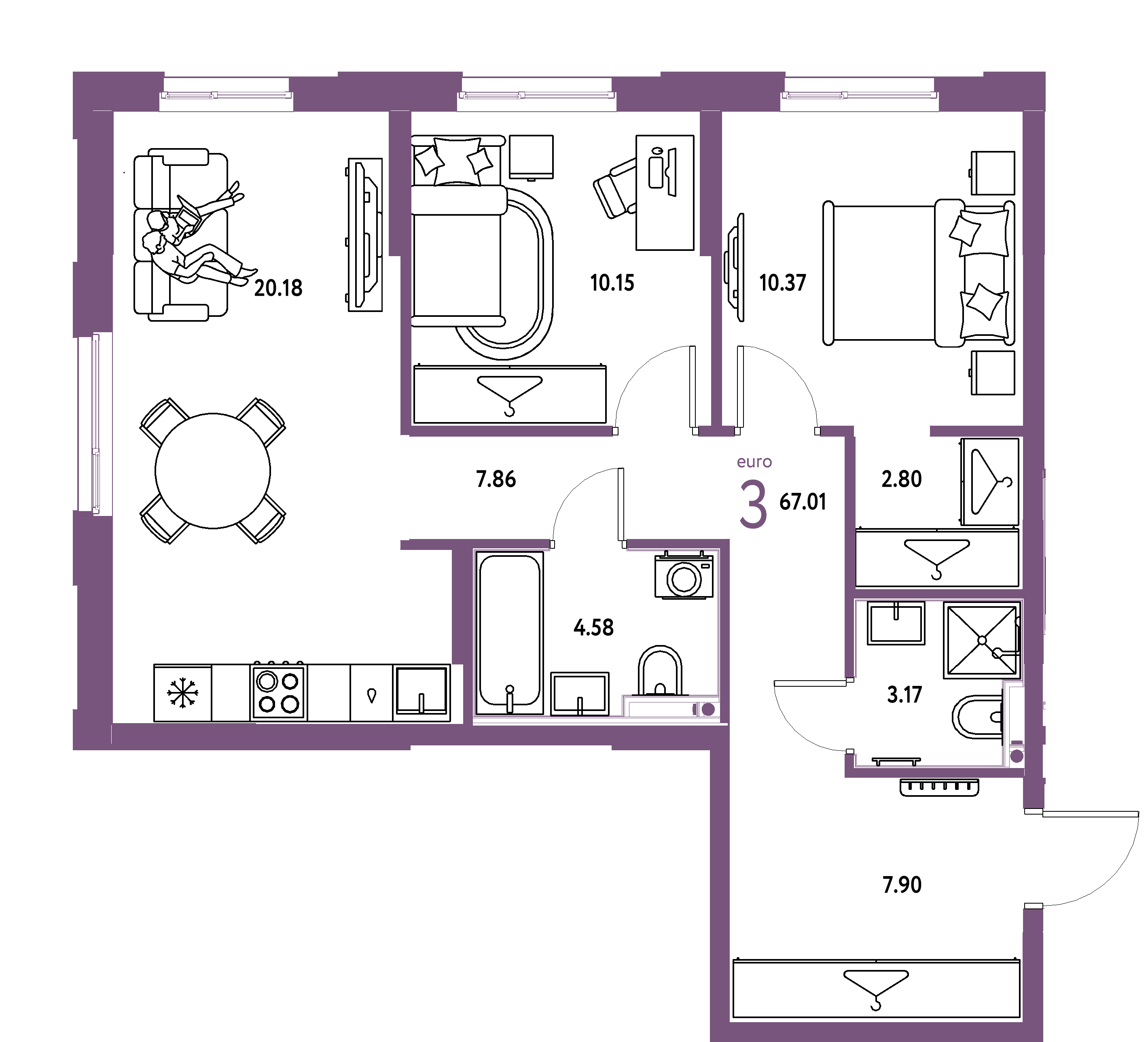 ЖК "Европейский берег 2.0"-3-комнатная 67.01 м²