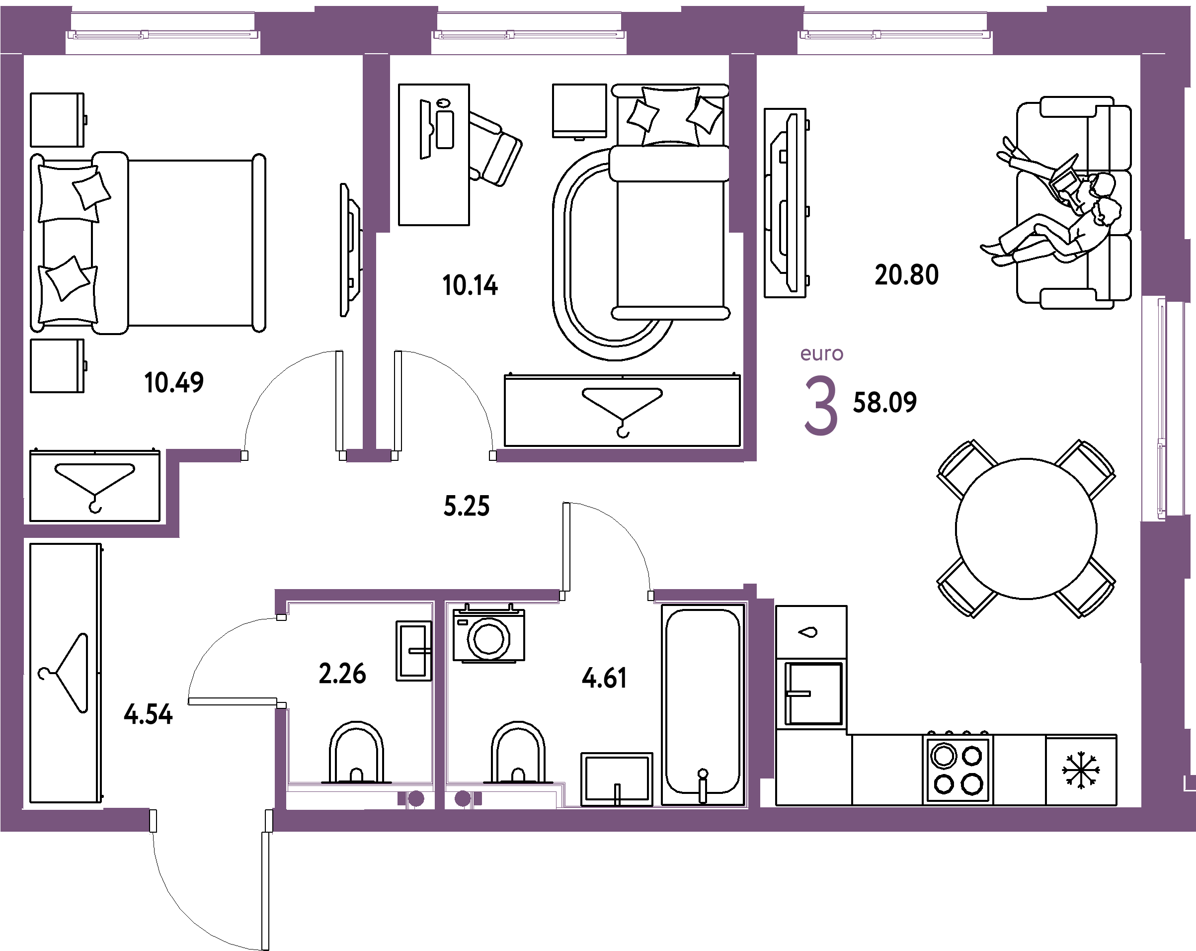 ЖК "Европейский берег 2.0"-3-комнатная 58.09 м²