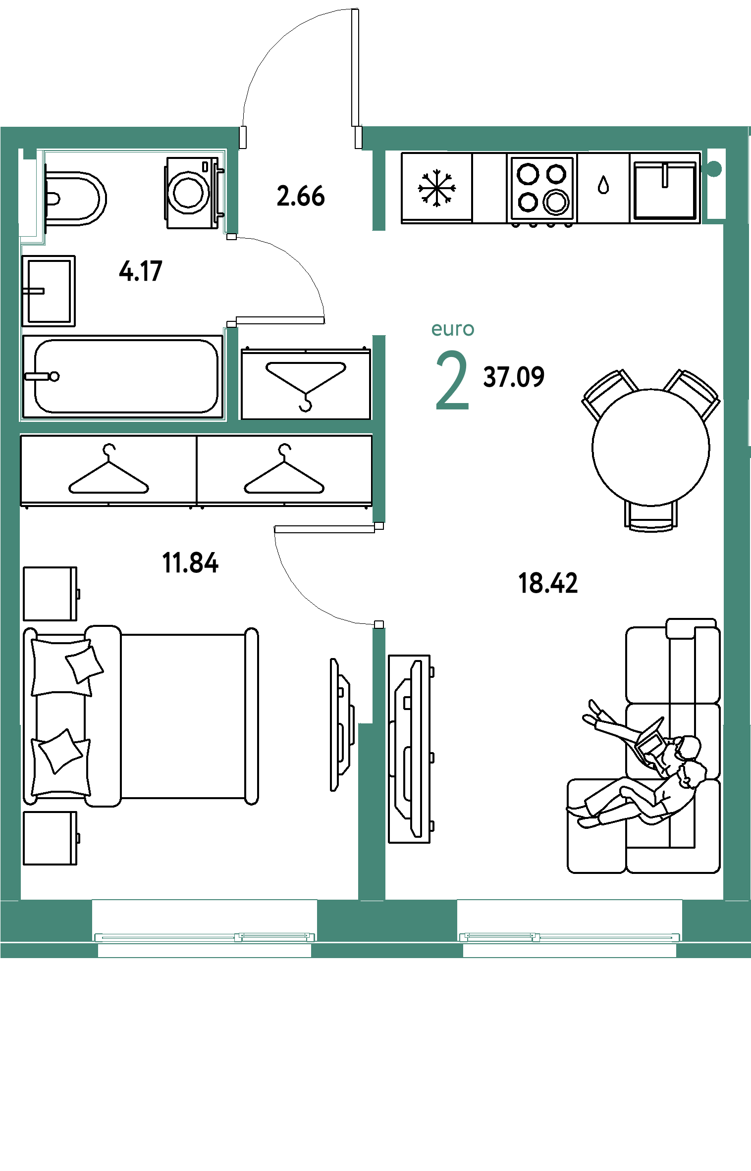ЖК "Европейский берег 2.0"-2-комнатная 37.09 м²