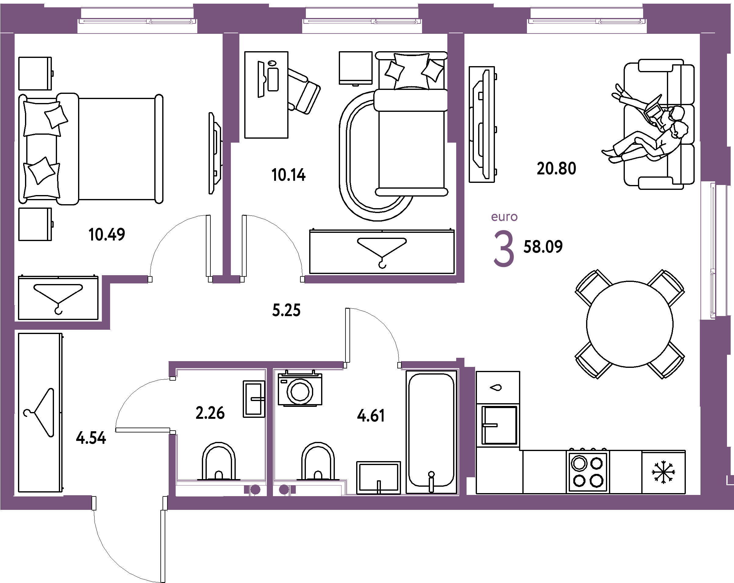 ЖК "Европейский берег 2.0"-3-комнатная 58.09 м²