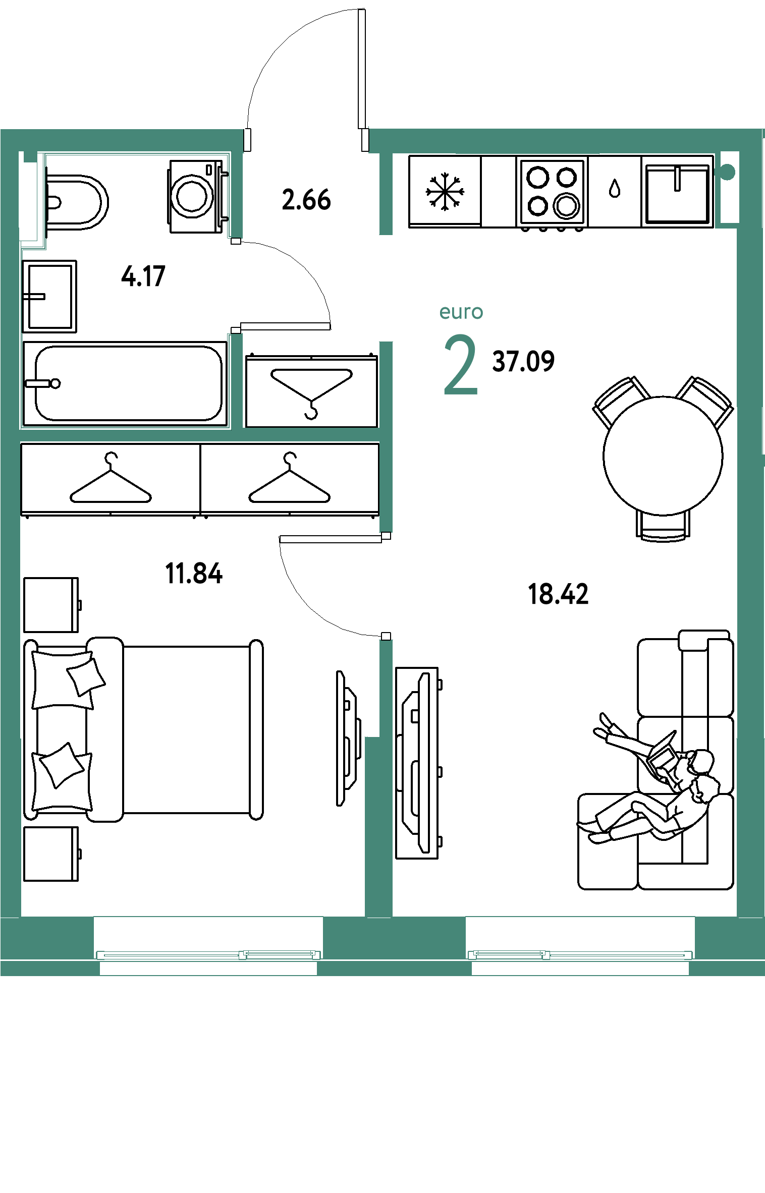 ЖК "Европейский берег 2.0"-2-комнатная 37.09 м²